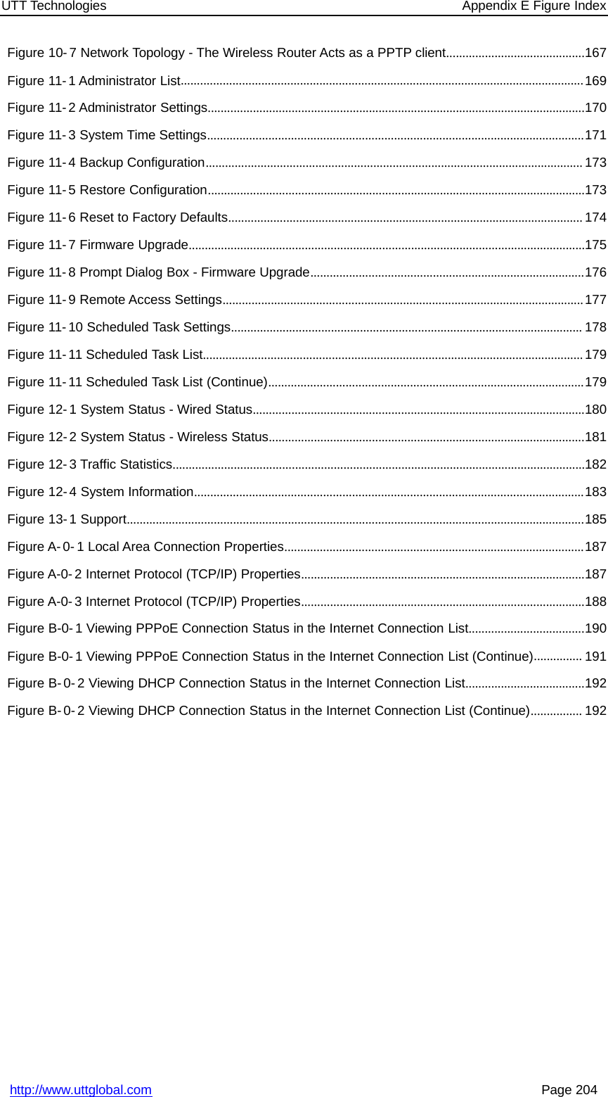 UTT Technologies Appendix E Figure Indexhttp://www.uttglobal.com Page 204Figure 10- 7 Network Topology - The Wireless Router Acts as a PPTP client...........................................167Figure 11- 1 Administrator List.............................................................................................................................169Figure 11- 2 Administrator Settings.....................................................................................................................170Figure 11- 3 System Time Settings.....................................................................................................................171Figure 11- 4 Backup Configuration..................................................................................................................... 173Figure 11- 5 Restore Configuration.....................................................................................................................173Figure 11- 6 Reset to Factory Defaults.............................................................................................................. 174Figure 11- 7 Firmware Upgrade...........................................................................................................................175Figure 11- 8 Prompt Dialog Box - Firmware Upgrade.....................................................................................176Figure 11- 9 Remote Access Settings................................................................................................................177Figure 11-10 Scheduled Task Settings............................................................................................................. 178Figure 11- 11 Scheduled Task List......................................................................................................................179Figure 11- 11 Scheduled Task List (Continue)..................................................................................................179Figure 12- 1 System Status - Wired Status.......................................................................................................180Figure 12- 2 System Status - Wireless Status..................................................................................................181Figure 12- 3 Traffic Statistics................................................................................................................................182Figure 12- 4 System Information.........................................................................................................................183Figure 13- 1 Support..............................................................................................................................................185Figure A-0- 1 Local Area Connection Properties.............................................................................................187Figure A-0- 2 Internet Protocol (TCP/IP) Properties........................................................................................187Figure A-0- 3 Internet Protocol (TCP/IP) Properties........................................................................................188Figure B-0- 1 Viewing PPPoE Connection Status in the Internet Connection List....................................190Figure B-0- 1 Viewing PPPoE Connection Status in the Internet Connection List (Continue)............... 191Figure B- 0- 2 Viewing DHCP Connection Status in the Internet Connection List.....................................192Figure B- 0- 2 Viewing DHCP Connection Status in the Internet Connection List (Continue)................ 192