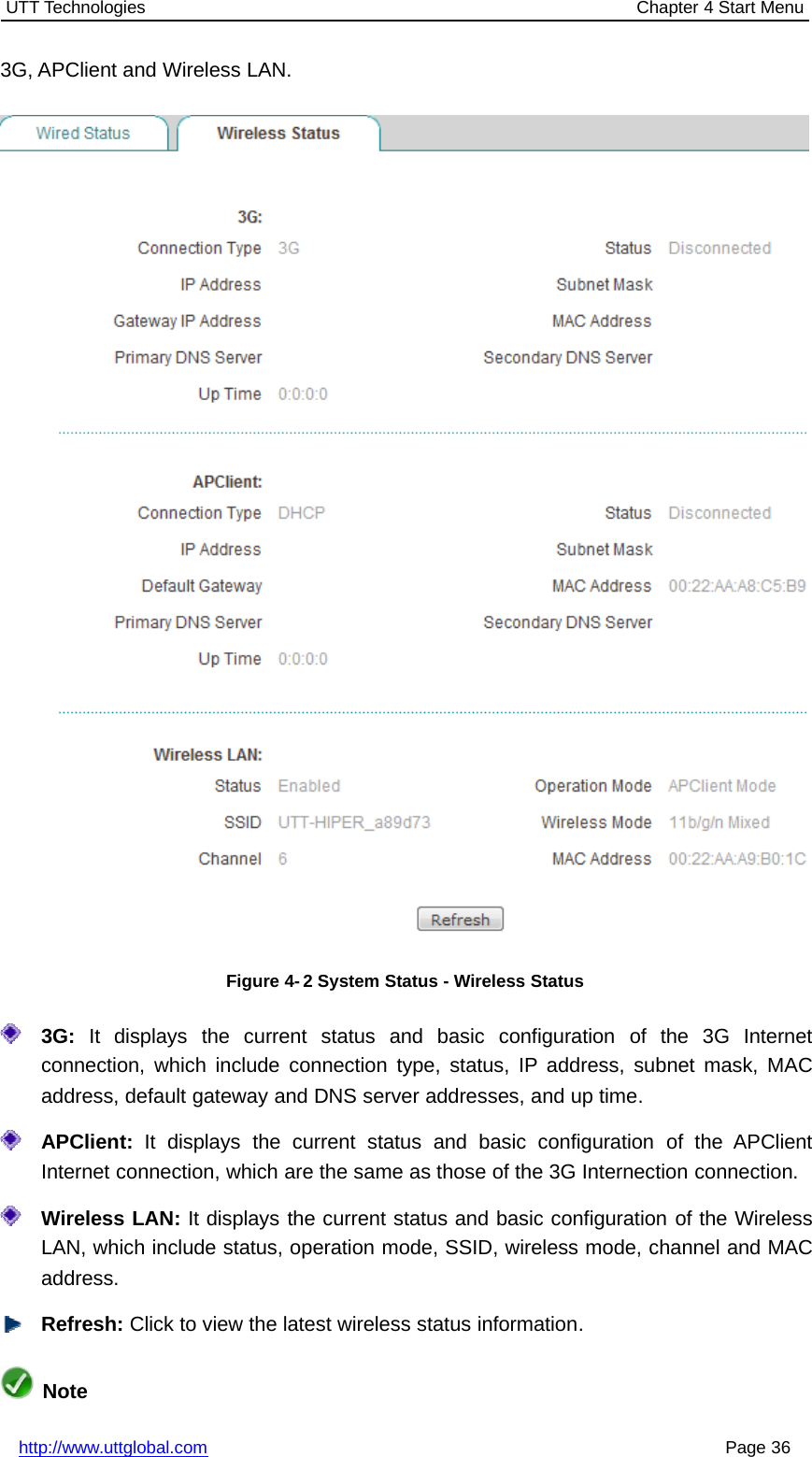 UTT Technologies Chapter 4 Start Menuhttp://www.uttglobal.com Page 363G, APClient and Wireless LAN.Figure 4- 2 System Status - Wireless Status3G: It displays the current status and basic configuration of the 3G Internetconnection, which include connection type, status, IP address, subnet mask, MACaddress, default gateway and DNS server addresses, and up time.APClient: It displays the current status and basic configuration of the APClientInternet connection, which are the same as those of the 3G Internection connection.Wireless LAN: It displays the current status and basic configuration of the WirelessLAN, which include status, operation mode, SSID, wireless mode, channel and MACaddress.Refresh: Click to view the latest wireless status information.Note