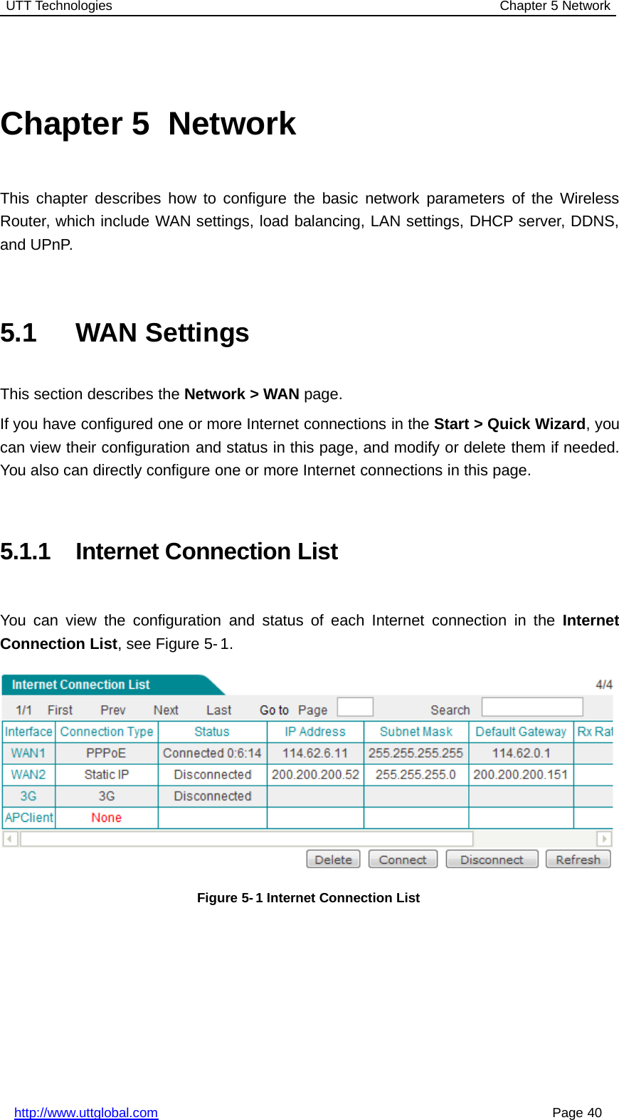 UTT Technologies Chapter 5 Networkhttp://www.uttglobal.com Page 40Chapter 5 NetworkThis chapter describes how to configure the basic network parameters of the WirelessRouter, which include WAN settings, load balancing, LAN settings, DHCP server, DDNS,and UPnP.5.1 WAN SettingsThis section describes the Network &gt; WAN page.If you have configured one or more Internet connections in the Start &gt; Quick Wizard,youcan view their configuration and status in this page, and modify or delete them if needed.You also can directly configure one or more Internet connections in this page.5.1.1 Internet Connection ListYou can view the configuration and status of each Internet connection in the InternetConnection List, see Figure 5- 1.Figure 5-1 Internet Connection List