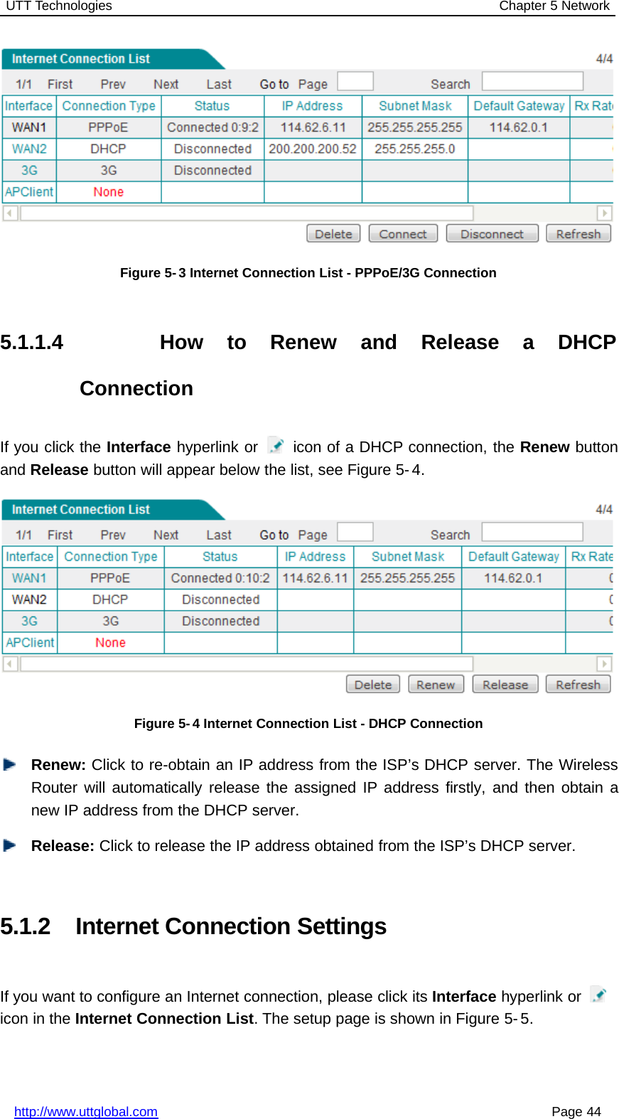 UTT Technologies Chapter 5 Networkhttp://www.uttglobal.com Page 44Figure 5- 3 Internet Connection List - PPPoE/3G Connection5.1.1.4 How to Renew and Release a DHCPConnectionIf you click the Interface hyperlink or icon of a DHCP connection, the Renew buttonand Release button will appear below the list, see Figure 5-4.Figure 5-4 Internet Connection List - DHCP ConnectionRenew: Click to re-obtain an IP address from the ISP’s DHCP server. The WirelessRouter will automatically release the assigned IP address firstly, and then obtain anew IP address from the DHCP server.Release: Click to release the IP address obtained from the ISP’s DHCP server.5.1.2 Internet Connection SettingsIf you want to configure an Internet connection, please click its Interface hyperlink oricon in the Internet Connection List. The setup page is shown in Figure 5- 5.