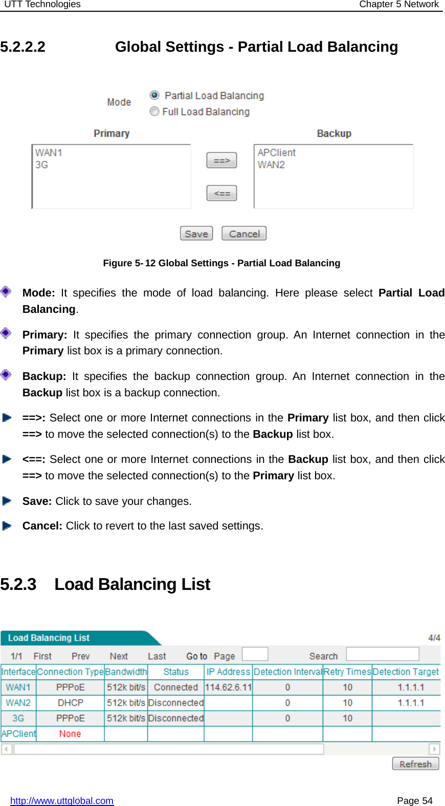 UTT Technologies Chapter 5 Networkhttp://www.uttglobal.com Page 545.2.2.2 Global Settings - Partial Load BalancingFigure 5-12 Global Settings - Partial Load BalancingMode: It specifies the mode of load balancing. Here please select Partial LoadBalancing.Primary: It specifies the primary connection group. An Internet connection in thePrimary list box is a primary connection.Backup: It specifies the backup connection group. An Internet connection in theBackup list box is a backup connection.==&gt;: Select one or more Internet connections in the Primary list box, and then click==&gt; to move the selected connection(s) to the Backup list box.&lt;==: Select one or more Internet connections in the Backup list box, and then click==&gt; to move the selected connection(s) to the Primary list box.Save: Click to save your changes.Cancel: Click to revert to the last saved settings.5.2.3 Load Balancing List