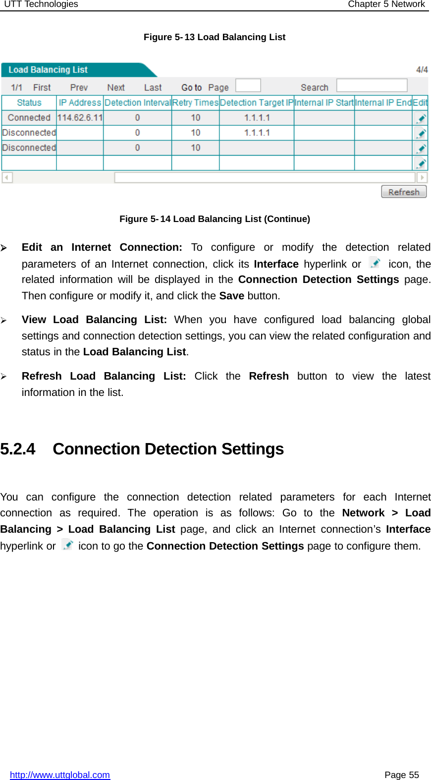 UTT Technologies Chapter 5 Networkhttp://www.uttglobal.com Page 55Figure 5-13 Load Balancing ListFigure 5- 14 Load Balancing List (Continue)¾Edit an Internet Connection: To configure or modify the detection relatedparameters of an Internet connection, click its Interface hyperlink or icon, therelated information will be displayed in the Connection Detection Settings page.Then configure or modify it, and click the Save button.¾View Load Balancing List: When you have configured load balancing globalsettings and connection detection settings, you can view the related configuration andstatus in the Load Balancing List.¾Refresh Load Balancing List: Click the Refresh button to view the latestinformation in the list.5.2.4 Connection Detection SettingsYou can configure the connection detection related parameters for each Internetconnection as required. The operation is as follows: Go to the Network &gt; LoadBalancing &gt; Load Balancing List page, and click an Internet connection’s Interfacehyperlink or icon to go the Connection Detection Settings page to configure them.