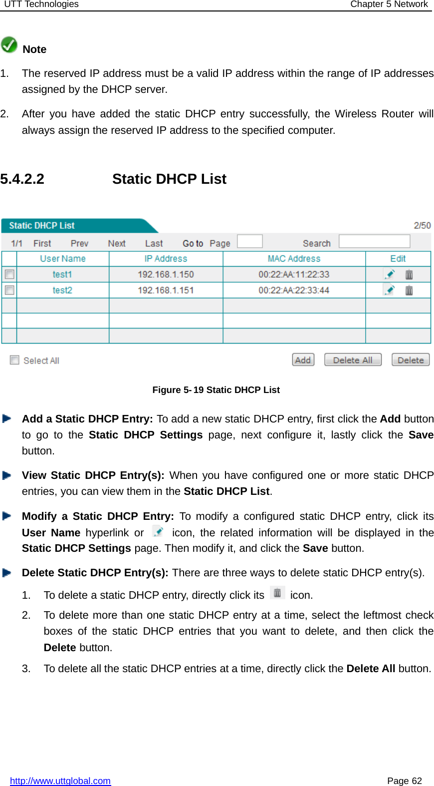 UTT Technologies Chapter 5 Networkhttp://www.uttglobal.com Page 62Note1. The reserved IP address must be a valid IP address within the range of IP addressesassigned by the DHCP server.2. After you have added the static DHCP entry successfully, the Wireless Router willalways assign the reserved IP address to the specified computer.5.4.2.2 Static DHCP ListFigure 5- 19 Static DHCP ListAdd a Static DHCP Entry: To add a new static DHCP entry, first click the Add buttonto go to the Static DHCP Settings page, next configure it, lastly click the Savebutton.View Static DHCP Entry(s): When you have configured one or more static DHCPentries, you can view them in the Static DHCP List.Modify a Static DHCP Entry: To modify a configured static DHCP entry, click itsUser Name hyperlink or icon, the related information will be displayed in theStatic DHCP Settings page. Then modify it, and click the Save button.Delete Static DHCP Entry(s): There are three ways to delete static DHCP entry(s).1. To delete a static DHCP entry, directly click its icon.2. To delete more than one static DHCP entry at a time, select the leftmost checkboxes of the static DHCP entries that you want to delete, and then click theDelete button.3. To delete all the static DHCP entries at a time, directly click the Delete All button.