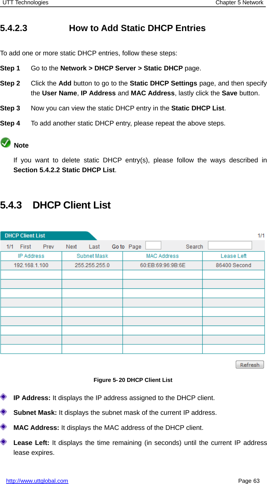 UTT Technologies Chapter 5 Networkhttp://www.uttglobal.com Page 635.4.2.3 How to Add Static DHCP EntriesTo add one or more static DHCP entries, follow these steps:Step 1 Go to the Network &gt; DHCP Server &gt; Static DHCP page.Step 2 Click the Add button to go to the Static DHCP Settings page, and then specifythe User Name,IP Address and MAC Address,lastlyclicktheSave button.Step 3 Now you can view the static DHCP entry in the Static DHCP List.Step 4 To add another static DHCP entry, please repeat the above steps.NoteIf you want to delete static DHCP entry(s), please follow the ways described inSection 5.4.2.2 Static DHCP List.5.4.3 DHCP Client ListFigure 5-20 DHCP Client ListIP Address: It displays the IP address assigned to the DHCP client.Subnet Mask: It displays the subnet mask of the current IP address.MAC Address: It displays the MAC address of the DHCP client.Lease Left: It displays the time remaining (in seconds) until the current IP addresslease expires.