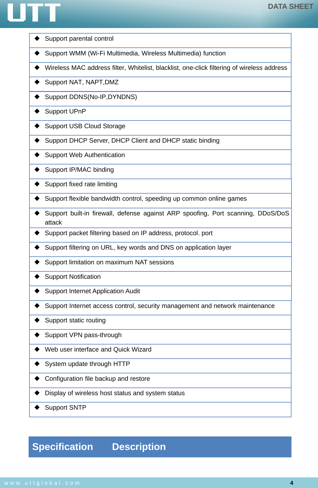 DATA SHEET4www.uttglobal.comSpecification Description◆Support parental control◆Support WMM (Wi-Fi Multimedia, Wireless Multimedia) function◆Wireless MAC address filter, Whitelist, blacklist, one-click filtering of wireless address◆SupportNAT,NAPT,DMZ◆Support DDNS(No-IP,DYNDNS)◆Support UPnP◆Support USB Cloud Storage◆Support DHCP Server, DHCP Client and DHCP static binding◆Support Web Authentication◆Support IP/MAC binding◆Support fixed rate limiting◆Support flexible bandwidth control, speeding up common online games◆Support built-in firewall, defense against ARP spoofing, Port scanning, DDoS/DoSattack◆Support packet filtering based on IP address, protocol. port◆Support filtering on URL, key words and DNS on application layer◆Support limitation on maximum NAT sessions◆Support Notification◆Support Internet Application Audit◆Support Internet access control, security management and network maintenance◆Support static routing◆Support VPN pass-through◆Web user interface and Quick Wizard◆System update through HTTP◆Configuration file backup and restore◆Display of wireless host status and system status◆Support SNTP