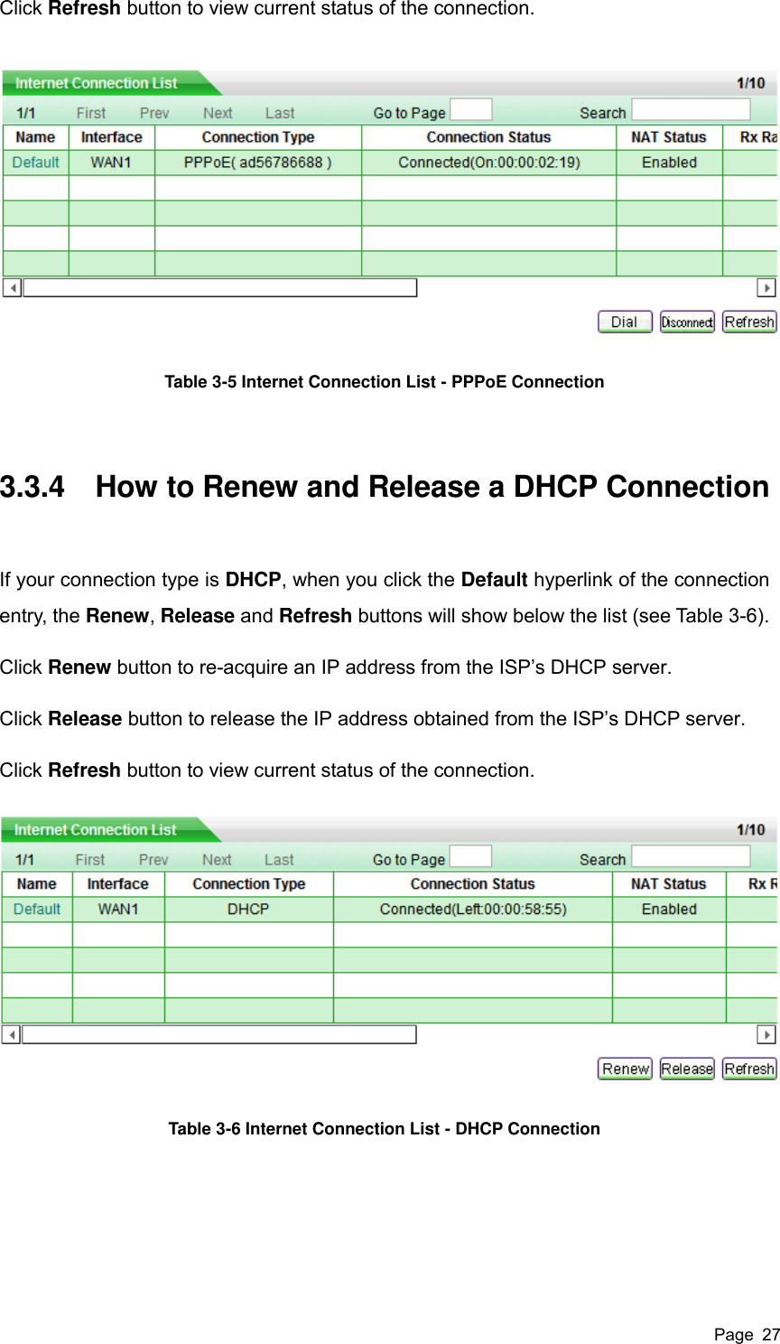  Page  27 Click Refresh button to view current status of the connection.  Table 3-5 Internet Connection List - PPPoE Connection 3.3.4  How to Renew and Release a DHCP Connection If your connection type is DHCP, when you click the Default hyperlink of the connection entry, the Renew, Release and Refresh buttons will show below the list (see Table 3-6). Click Renew button to re-acquire an IP address from the ISP’s DHCP server. Click Release button to release the IP address obtained from the ISP’s DHCP server. Click Refresh button to view current status of the connection.  Table 3-6 Internet Connection List - DHCP Connection 