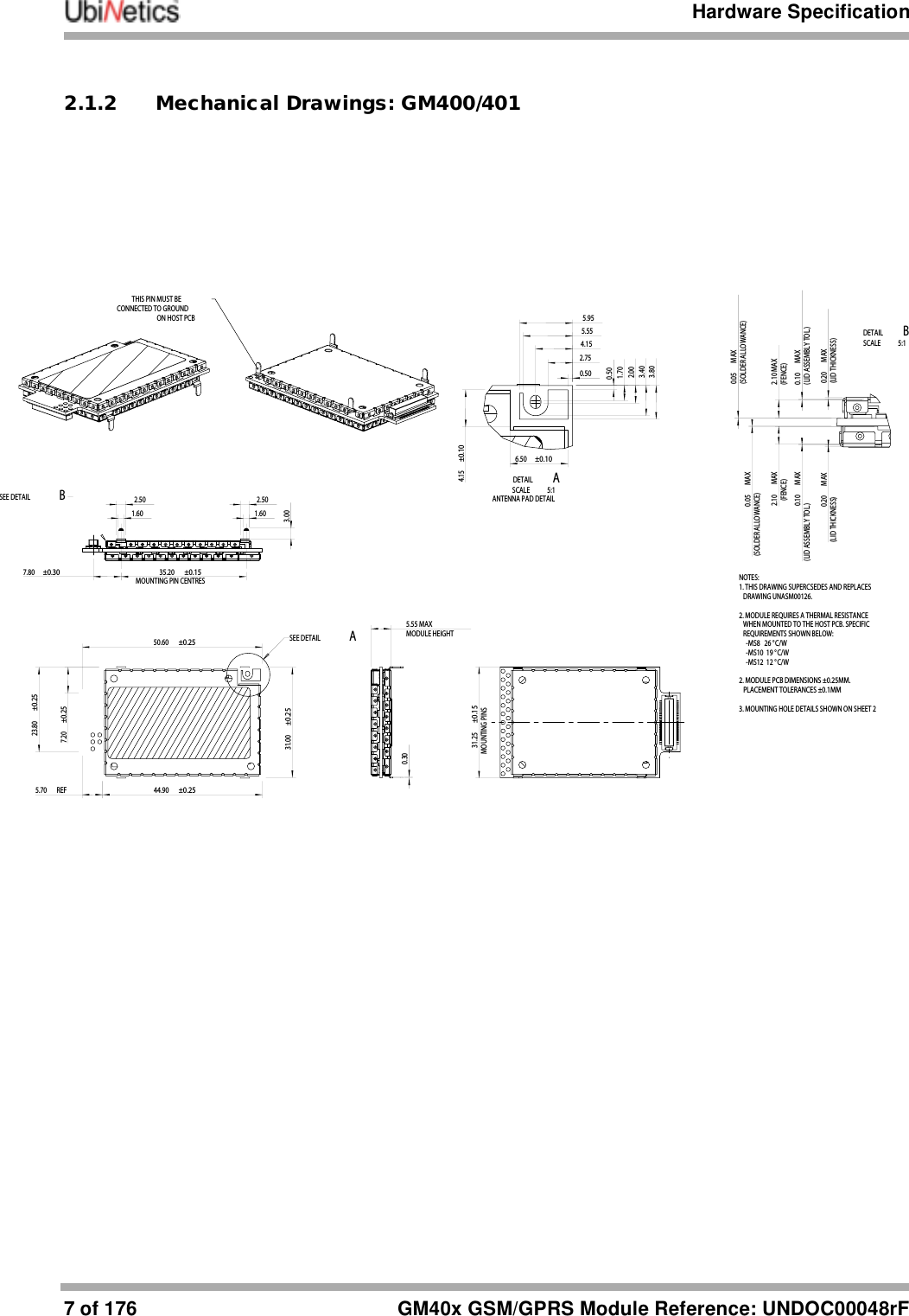 Hardware Specification7of 176 GM40x GSM/GPRS Module Reference: UNDOC00048rF2.1.2 Mechanical Drawings: GM400/401TITLEDRAWING No.TTED OR REPRODUCEDAUTHORISEDDIMSSCALEDATEDRAWN CHECKEDFINISHVERSION DATE CHANGESHTOFSIG GroupCompanyUBINETICS LTDa5.55 MAXMODULE HEIGHT0.502.754.155.555.950.501.702.003.403.807.80±0.30MOUNTING PIN CENTRES35.20±0.152.501.602.501.603.00 MAX(LID THICKNESS)0.20 MAX(LID ASSEMBLY TOL.)0.102.10 MAX(FENCE) MAX(SOLDER ALLOWANCE)0.05 MAX(SOLDER ALLOWANCE)0.052.10  MAX(FENCE) MAX(LID ASSEMBLY TOL.)0.10 MAX(LID THICKNESS)0.2050.60±0.2544.90±0.2531.00±0.25MOUNTING PINS31.25±0.157.20±0.2523.80±0.250.306.50±0.104.15±0.10 REF5.702-D r 1N/A25-Sep-01mm1N/ASJW2:1SJW08-Oct-011 r1 r1NOTES:1. THIS DRAWING SUPERCSEDES AND REPLACES     DRAWING UNASM00126.2. MODULE REQUIRES A THERMAL RESISTANCE   WHEN MOUNTED TO THE HOST PCB. SPECIFIC   REQUIREMENTS SHOWN BELOW:     -MS8   26 °C/W     -MS10  19 °C/W     -MS12  12 °C/W2. MODULE PCB DIMENSIONS ±0.25MM.   PLACEMENT TOLERANCES ±0.1MM3. MOUNTING HOLE DETAILS SHOWN ON SHEET 2SEE DETAIL   ASEE DETAIL   BDETAIL   ASCALE   5:1ANTENNA PAD DETAILDETAIL   BSCALE   5:1THIS PIN MUST BECONNECTED TO GROUNDON HOST PCB