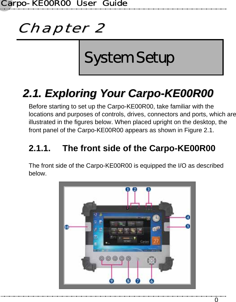 Carpo-KE00R00  User  Guide    0  CChhaapptteerr  22   System Setup  22..11..  EExxpplloorriinngg  YYoouurr  CCaarrppoo--KKEE0000RR0000  Before starting to set up the Carpo-KE00R00, take familiar with the locations and purposes of controls, drives, connectors and ports, which are illustrated in the figures below. When placed upright on the desktop, the front panel of the Carpo-KE00R00 appears as shown in Figure 2.1. 2.1.1.  The front side of the Carpo-KE00R00 The front side of the Carpo-KE00R00 is equipped the I/O as described below.  