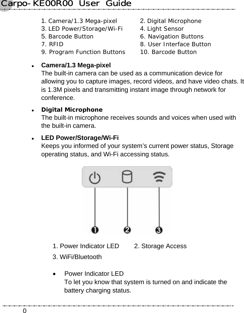 Carpo-KE00R00  User  Guide    01. Camera/1.3 Mega-pixel 2. Digital Microphone  3. LED Power/Storage/Wi-Fi 4. Light Sensor  5. Barcode Button   6. Navigation Buttons 7. RFID  8. User Interface Button 9. Program Function Buttons  10. Barcode Button z Camera/1.3 Mega-pixel The built-in camera can be used as a communication device for allowing you to capture images, record videos, and have video chats. It is 1.3M pixels and transmitting instant image through network for conference. z Digital Microphone The built-in microphone receives sounds and voices when used with the built-in camera. z LED Power/Storage/Wi-Fi Keeps you informed of your system’s current power status, Storage operating status, and Wi-Fi accessing status.  1. Power Indicator LED  2. Storage Access 3. WiFi/Bluetooth   •  Power Indicator LED   To let you know that system is turned on and indicate the battery charging status. 