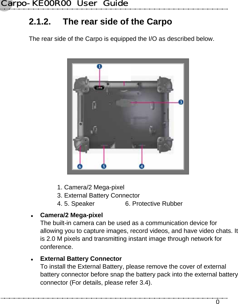 Carpo-KE00R00  User  Guide    0 2.1.2.  The rear side of the Carpo The rear side of the Carpo is equipped the I/O as described below.  1. Camera/2 Mega-pixel  3. External Battery Connector   4. 5. Speaker  6. Protective Rubber z Camera/2 Mega-pixel The built-in camera can be used as a communication device for allowing you to capture images, record videos, and have video chats. It is 2.0 M pixels and transmitting instant image through network for conference. z External Battery Connector To install the External Battery, please remove the cover of external battery connector before snap the battery pack into the external battery connector (For details, please refer 3.4).   