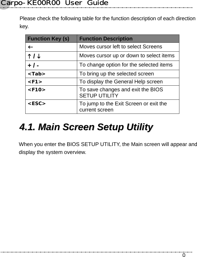 Carpo-KE00R00  User  Guide    0 Please check the following table for the function description of each direction key. Function Key (s) Function Description I Moves cursor left to select Screens K / L Moves cursor up or down to select items+ / - To change option for the selected items &lt;Tab&gt;  To bring up the selected screen &lt;F1&gt;  To display the General Help screen &lt;F10&gt;  To save changes and exit the BIOS SETUP UTILITY &lt;ESC&gt;  To jump to the Exit Screen or exit the current screen 44..11..  MMaaiinn  SSccrreeeenn  SSeettuupp  UUttiilliittyy  When you enter the BIOS SETUP UTILITY, the Main screen will appear and display the system overview. 