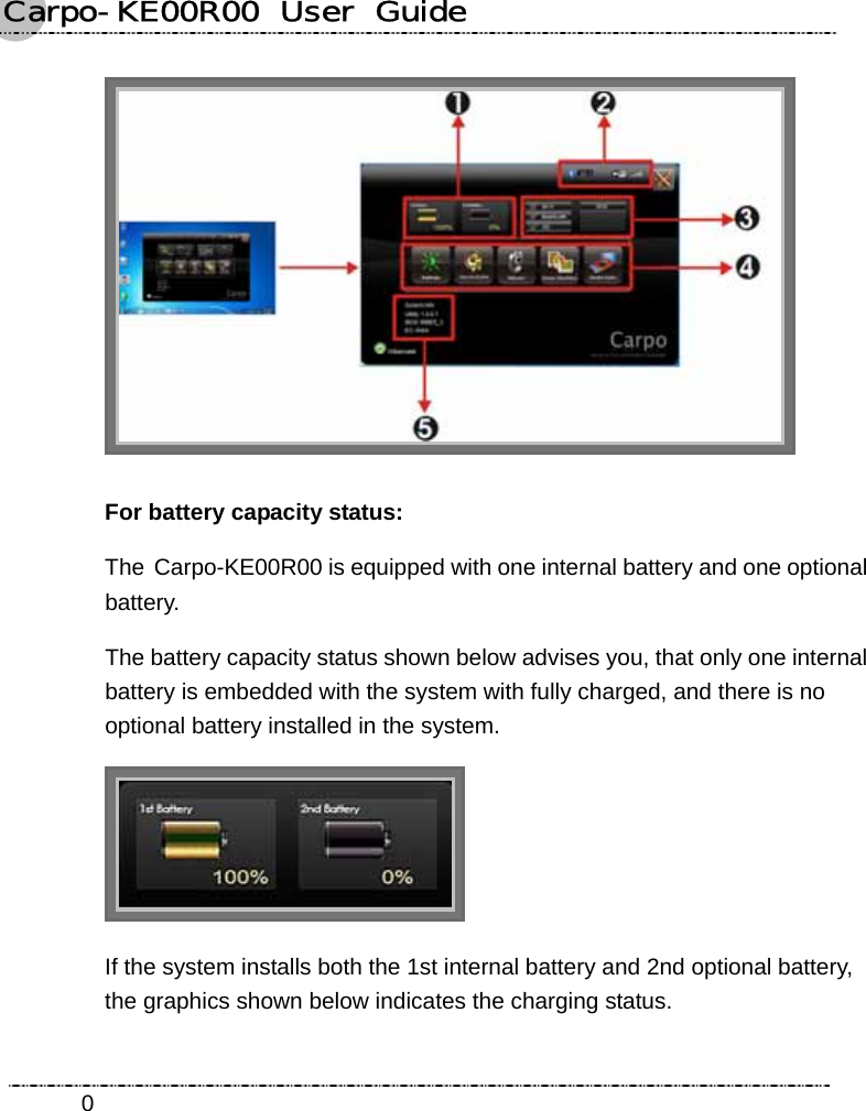 Carpo-KE00R00  User  Guide    0 For battery capacity status: The Carpo-KE00R00 is equipped with one internal battery and one optional battery.  The battery capacity status shown below advises you, that only one internal battery is embedded with the system with fully charged, and there is no optional battery installed in the system.  If the system installs both the 1st internal battery and 2nd optional battery, the graphics shown below indicates the charging status.   