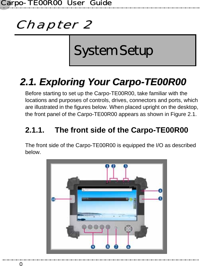 Carpo-TE00R00  User  Guide    0 CChhaapptteerr  22   System Setup  22..11..  EExxpplloorriinngg  YYoouurr  CCaarrppoo--TTEE0000RR0000  Before starting to set up the Carpo-TE00R00, take familiar with the locations and purposes of controls, drives, connectors and ports, which are illustrated in the figures below. When placed upright on the desktop, the front panel of the Carpo-TE00R00 appears as shown in Figure 2.1. 2.1.1.  The front side of the Carpo-TE00R00 The front side of the Carpo-TE00R00 is equipped the I/O as described below.  