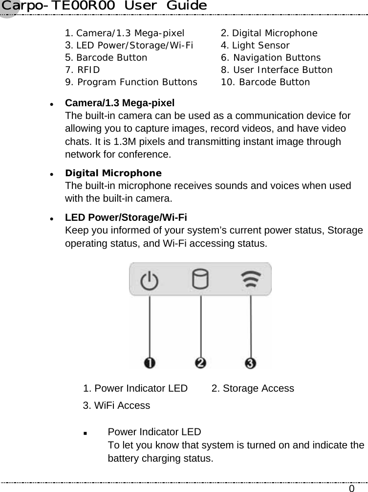 Carpo-TE00R00  User  Guide    0 1. Camera/1.3 Mega-pixel 2. Digital Microphone  3. LED Power/Storage/Wi-Fi 4. Light Sensor  5. Barcode Button   6. Navigation Buttons 7. RFID  8. User Interface Button 9. Program Function Buttons  10. Barcode Button z Camera/1.3 Mega-pixel The built-in camera can be used as a communication device for allowing you to capture images, record videos, and have video chats. It is 1.3M pixels and transmitting instant image through network for conference. z Digital Microphone The built-in microphone receives sounds and voices when used with the built-in camera. z LED Power/Storage/Wi-Fi Keep you informed of your system’s current power status, Storage operating status, and Wi-Fi accessing status.  1. Power Indicator LED  2. Storage Access 3. WiFi Access   Power Indicator LED   To let you know that system is turned on and indicate the battery charging status. 