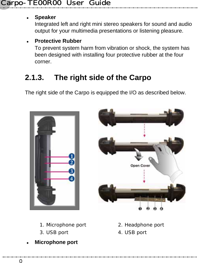 Carpo-TE00R00  User  Guide    0z Speaker Integrated left and right mini stereo speakers for sound and audio output for your multimedia presentations or listening pleasure. z Protective Rubber To prevent system harm from vibration or shock, the system has been designed with installing four protective rubber at the four corner. 2.1.3.  The right side of the Carpo The right side of the Carpo is equipped the I/O as described below.      1. Microphone port  2. Headphone port  3. USB port  4. USB port z Microphone port 