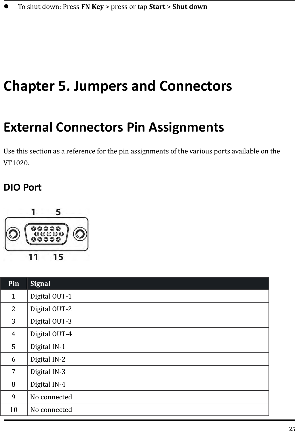   25  To shut down: Press FN Key &gt; press or tap Start &gt; Shut down     Chapter 5. Jumpers and Connectors External Connectors Pin Assignments Use this section as a reference for the pin assignments of the various ports available on the VT1020. DIO Port   Pin Signal 1 Digital OUT-1 2 Digital OUT-2 3 Digital OUT-3 4 Digital OUT-4 5 Digital IN-1 6 Digital IN-2 7 Digital IN-3 8 Digital IN-4 9 No connected 10 No connected 