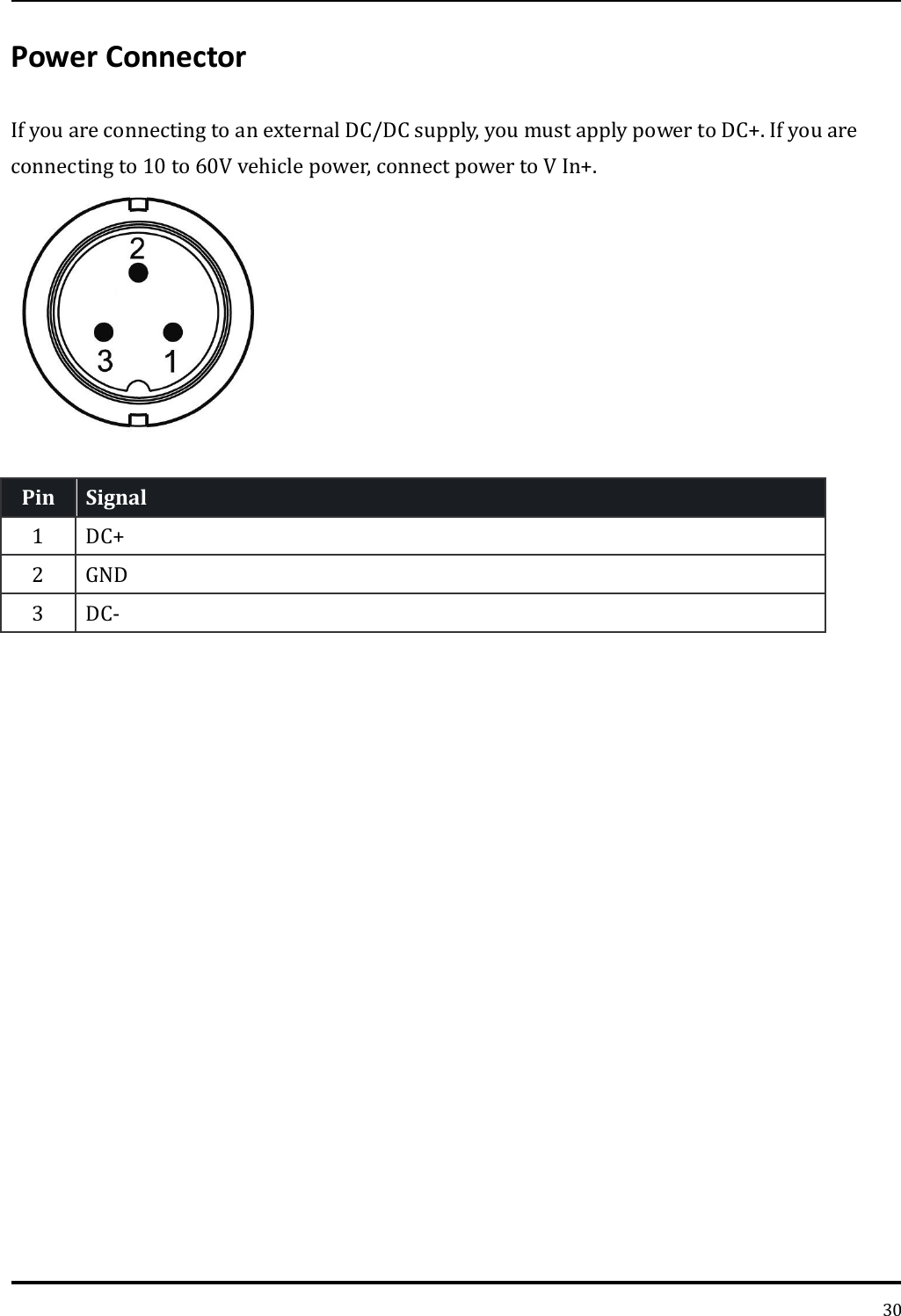   30 Power Connector If you are connecting to an external DC/DC supply, you must apply power to DC+. If you are connecting to 10 to 60V vehicle power, connect power to V In+.     Pin Signal   1 DC+ 2 GND   3 DC-     