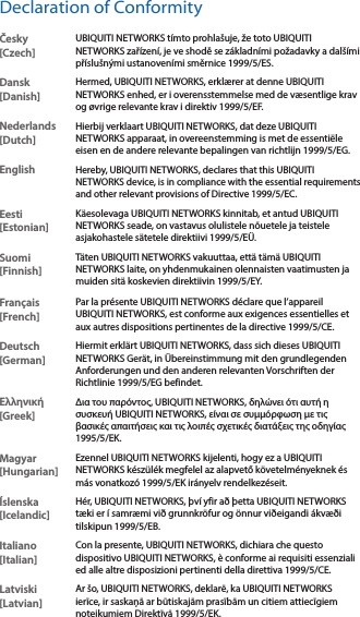 Declaration of ConformityČesky  [Czech]UBIQUITI NETWORKS tímto prohlašuje, že toto UBIQUITI NETWORKS zařízení, je ve shodě se základními požadavky a dalšími příslušnými ustanoveními směrnice 1999/5/ES.Dansk [Danish]Hermed, UBIQUITI NETWORKS, erklærer at denne UBIQUITI NETWORKS enhed, er i overensstemmelse med de væsentlige krav og øvrige relevante krav i direktiv 1999/5/EF.Nederlands [Dutch]Hierbij verklaart UBIQUITI NETWORKS, dat deze UBIQUITI NETWORKS apparaat, in overeenstemming is met de essentiële eisen en de andere relevante bepalingen van richtlijn 1999/5/EG.EnglishHereby, UBIQUITI NETWORKS, declares that this UBIQUITI NETWORKS device, is in compliance with the essential requirements and other relevant provisions of Directive 1999/5/EC.Eesti [Estonian]Käesolevaga UBIQUITI NETWORKS kinnitab, et antud UBIQUITI NETWORKS seade, on vastavus olulistele nõuetele ja teistele asjakohastele sätetele direktiivi 1999/5/EÜ.Suomi [Finnish]Täten UBIQUITI NETWORKS vakuuttaa, että tämä UBIQUITI NETWORKS laite, on yhdenmukainen olennaisten vaatimusten ja muiden sitä koskevien direktiivin 1999/5/EY.Français [French]Par la présente UBIQUITI NETWORKS déclare que l’appareil UBIQUITI NETWORKS, est conforme aux exigences essentielles et aux autres dispositions pertinentes de la directive 1999/5/CE.Deutsch [German]Hiermit erklärt UBIQUITI NETWORKS, dass sich dieses UBIQUITI NETWORKS Gerät, in Übereinstimmung mit den grundlegenden Anforderungen und den anderen relevanten Vorschriften der Richtlinie 1999/5/EG befindet.Ελληνική [Greek]Δια του παρόντος, UBIQUITI NETWORKS, δηλώνει ότι αυτή η συσκευή UBIQUITI NETWORKS, είναι σε συμμόρφωση με τις βασικές απαιτήσεις και τις λοιπές σχετικές διατάξεις της οδηγίας 1995/5/ΕΚ.Magyar [Hungarian]Ezennel UBIQUITI NETWORKS kijelenti, hogy ez a UBIQUITI NETWORKS készülék megfelel az alapvető követelményeknek és más vonatkozó 1999/5/EK irányelv rendelkezéseit.Íslenska [Icelandic]Hér, UBIQUITI NETWORKS, því yfir að þetta UBIQUITI NETWORKS tæki er í samræmi við grunnkröfur og önnur viðeigandi ákvæði tilskipun 1999/5/EB.Italiano [Italian]Con la presente, UBIQUITI NETWORKS, dichiara che questo dispositivo UBIQUITI NETWORKS, è conforme ai requisiti essenziali ed alle altre disposizioni pertinenti della direttiva 1999/5/CE.Latviski [Latvian]Ar šo, UBIQUITI NETWORKS, deklarē, ka UBIQUITI NETWORKS ierīce, ir saskaņā ar būtiskajām prasībām un citiem attiecīgiem noteikumiem Direktīvā 1999/5/EK.