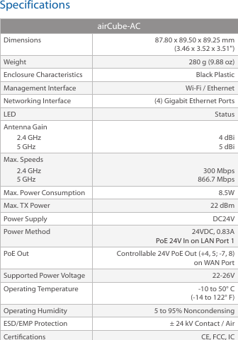 SpecificationsairCube-ACDimensions 87.80 x 89.50 x 89.25 mm (3.46 x 3.52 x 3.51&quot;)Weight 280 g (9.88 oz)Enclosure Characteristics Black PlasticManagement Interface Wi-Fi / EthernetNetworking Interface (4) Gigabit Ethernet PortsLED StatusAntenna Gain2.4 GHz 5 GHz4 dBi 5 dBiMax. Speeds2.4 GHz 5 GHz300 Mbps 866.7 MbpsMax. Power Consumption 8.5WMax. TX Power 22 dBmPower Supply DC24VPower Method 24VDC, 0.83A PoE 24V In on LAN Port 1PoE Out Controllable 24V PoE Out (+4, 5; -7, 8) on WAN PortSupported Power Voltage 22-26VOperating Temperature -10 to 50° C (-14 to 122° F)Operating Humidity 5 to 95% NoncondensingESD/EMP Protection ± 24 kV Contact / Air Certications CE, FCC, IC