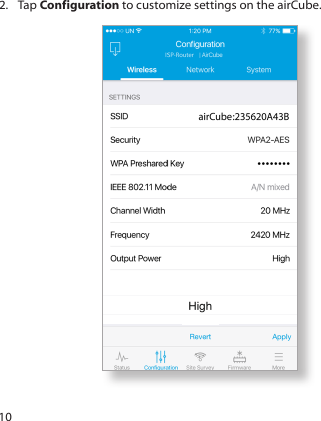 102.  Tap Configuration to customize settings on the airCube.