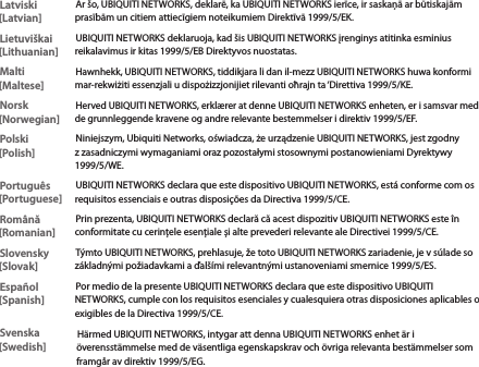 Latviski [Latvian]Ar &scaron;o, UBIQUITI NETWORKS, deklarē, ka UBIQUITI NETWORKS ierīce, ir saskaņā ar būtiskajām prasībām un citiem attiecīgiem noteikumiem Direktīvā 1999/5/EK.Lietuvi&scaron;kai [Lithuanian]UBIQUITI NETWORKS deklaruoja, kad &scaron;is UBIQUITI NETWORKS įrenginys atitinka esminius reikalavimus ir kitas 1999/5/EB Direktyvos nuostatas.Malti [Maltese]Hawnhekk, UBIQUITI NETWORKS, tiddikjara li dan il-mezz UBIQUITI NETWORKS huwa konformi mar-rekwiżiti essenzjali u dispożizzjonijiet rilevanti oħrajn ta &lsquo;Direttiva 1999/5/KE.Norsk [Norwegian]Herved UBIQUITI NETWORKS, erkl&aelig;rer at denne UBIQUITI NETWORKS enheten, er i samsvar med de grunnleggende kravene og andre relevante bestemmelser i direktiv 1999/5/EF.Polski  [Polish]Niniejszym, Ubiquiti Networks, oświadcza, że   urządzenie UBIQUITI NETWORKS, jest zgodny z zasadniczymi wymaganiami oraz pozostałymi stosownymi postanowieniami Dyrektywy 1999/5/WE.Portugu&ecirc;s [Portuguese]UBIQUITI NETWORKS declara que este dispositivo UBIQUITI NETWORKS, est&aacute; conforme com os requisitos essenciais e outras disposi&ccedil;&otilde;es da Directiva 1999/5/CE.Rom&acirc;nă [Romanian]Prin prezenta, UBIQUITI NETWORKS declară că acest dispozitiv UBIQUITI NETWORKS este &icirc;n conformitate cu cerințele esențiale și alte prevederi relevante ale Directivei 1999/5/CE.Slovensky [Slovak]T&yacute;mto UBIQUITI NETWORKS, prehlasuje, že toto UBIQUITI NETWORKS zariadenie, je v s&uacute;lade so z&aacute;kladn&yacute;mi požiadavkami a ďal&scaron;&iacute;mi relevantn&yacute;mi ustanoveniami smernice 1999/5/ES.Espa&ntilde;ol [Spanish]Por medio de la presente UBIQUITI NETWORKS declara que este dispositivo UBIQUITI NETWORKS, cumple con los requisitos esenciales y cualesquiera otras disposiciones aplicables o exigibles de la Directiva 1999/5/CE.Svenska [Swedish]H&auml;rmed UBIQUITI NETWORKS, intygar att denna UBIQUITI NETWORKS enhet &auml;r i &ouml;verensst&auml;mmelse med de v&auml;sentliga egenskapskrav och &ouml;vriga relevanta best&auml;mmelser som framg&aring;r av direktiv 1999/5/EG.