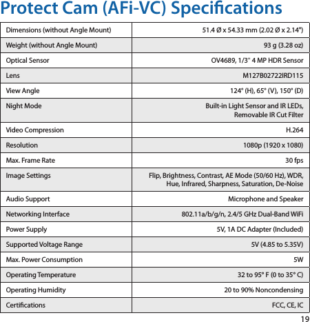 19Protect Cam (AFi-VC) SpecicationsDimensions (without Angle Mount) 51.4 Ø x 54.33 mm (2.02 Ø x 2.14&quot;)Weight (without Angle Mount) 93 g (3.28 oz)Optical Sensor OV4689, 1/3&quot; 4 MP HDR SensorLens M127B02722IRD115View Angle 124° (H), 65° (V), 150° (D)Night Mode Built-in Light Sensor and IR LEDs,Removable IR Cut FilterVideo Compression H.264Resolution 1080p (1920 x 1080)Max. Frame Rate 30 fpsImage Settings Flip, Brightness, Contrast, AE Mode (50/60 Hz), WDR, Hue, Infrared, Sharpness, Saturation, De-NoiseAudio Support Microphone and SpeakerNetworking Interface 802.11a/b/g/n, 2.4/5 GHz Dual-Band WiFiPower Supply 5V, 1A DC Adapter (Included)Supported Voltage Range 5V (4.85 to 5.35V)Max. Power Consumption  5WOperatingTemperature 32 to 95° F (0 to 35° C)Operating Humidity 20 to 90% NoncondensingCertications FCC, CE, IC