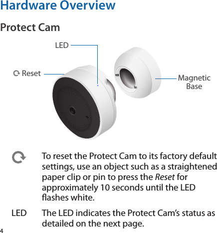 4Hardware OverviewProtect CamReset  MagneticBaseLEDTo reset the Protect Cam to its factory default settings, use an object such as a straightened paper clip or pin to press the Reset for approximately 10 seconds until the LED ashes white.LED The LED indicates the Protect Cam’s status as detailed on the next page.