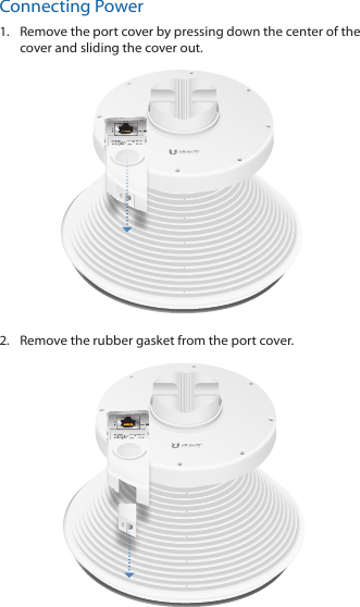 Connecting Power1.  Remove the port cover by pressing down the center of the cover and sliding the cover out.2.  Remove the rubber gasket from the port cover. 