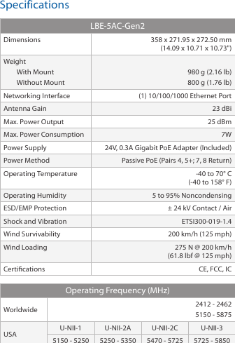 SpecificationsLBE‑5AC‑Gen2Dimensions 358 x 271.95 x 272.50 mm (14.09 x 10.71 x 10.73&quot;)WeightWith MountWithout Mount980 g (2.16 lb)800 g (1.76 lb)Networking Interface (1) 10/100/1000 Ethernet PortAntenna Gain 23 dBiMax. Power Output 25 dBmMax. Power Consumption 7WPower Supply 24V, 0.3A Gigabit PoE Adapter (Included)Power Method Passive PoE (Pairs 4, 5+; 7, 8 Return)Operating Temperature ‑40 to 70° C (‑40 to 158° F)Operating Humidity 5 to 95% NoncondensingESD/EMP Protection ± 24 kV Contact / Air Shock and Vibration ETSI300‑019‑1.4Wind Survivability 200 km/h (125 mph)Wind Loading 275 N @ 200 km/h (61.8 lbf @ 125 mph)Certications CE, FCC, ICOperating Frequency (MHz)Worldwide 2412 ‑ 24625150 ‑ 5875USA U‑NII‑1 U‑NII‑2A U‑NII‑2C U‑NII‑35150 ‑ 5250 5250 ‑ 5350 5470 ‑ 5725 5725 ‑ 5850
