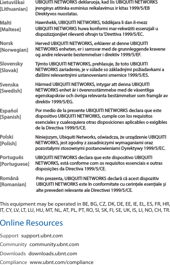 Lietuvi&scaron;kai [Lithuanian]UBIQUITI NETWORKS deklaruoja, kad &scaron;is UBIQUITI NETWORKS įrenginys atitinka esminius reikalavimus ir kitas 1999/5/EB Direktyvos nuostatas.Malti [Maltese]Hawnhekk, UBIQUITI NETWORKS, tiddikjara li dan il-mezz UBIQUITI NETWORKS huwa konformi mar-rekwiżiti essenzjali u dispożizzjonijiet rilevanti oħrajn ta &lsquo;Direttiva 1999/5/EC.Norsk [Norwegian]Herved UBIQUITI NETWORKS, erkl&aelig;rer at denne UBIQUITI NETWORKS enheten, er i samsvar med de grunnleggende kravene og andre relevante bestemmelser i direktiv 1999/5/EF.Slovensky [Slovak]T&yacute;mto UBIQUITI NETWORKS, prehlasuje, že toto UBIQUITI NETWORKS zariadenie, je v s&uacute;lade so z&aacute;kladn&yacute;mi požiadavkami a ďal&scaron;&iacute;mi relevantn&yacute;mi ustanoveniami smernice 1999/5/ES.Svenska [Swedish]H&auml;rmed UBIQUITI NETWORKS, intygar att denna UBIQUITI NETWORKS enhet &auml;r i &ouml;verensst&auml;mmelse med de v&auml;sentliga egenskapskrav och &ouml;vriga relevanta best&auml;mmelser som framg&aring;r av direktiv 1999/5/EG.Espa&ntilde;ol [Spanish]Por medio de la presente UBIQUITI NETWORKS declara que este dispositivo UBIQUITI NETWORKS, cumple con los requisitos esenciales y cualesquiera otras disposiciones aplicables o exigibles de la Directiva 1999/5/CE.Polski  [Polish]Niniejszym, Ubiquiti Networks, oświadcza, że   urządzenie UBIQUITI NETWORKS, jest zgodny z zasadniczymi wymaganiami oraz pozostałymi stosownymi postanowieniami Dyrektywy 1999/5/EC.Portugu&ecirc;s [Portuguese]UBIQUITI NETWORKS declara que este dispositivo UBIQUITI NETWORKS, est&aacute; conforme com os requisitos essenciais e outras disposi&ccedil;&otilde;es da Directiva 1999/5/CE.Rom&acirc;nă [Romanian]Prin prezenta, UBIQUITI NETWORKS declară că acest dispozitiv UBIQUITI NETWORKS este &icirc;n conformitate cu cerințele esențiale și alte prevederi relevante ale Directivei 1999/5/CE.This equipment may be operated in BE, BG, CZ, DK, DE, EE, IE, EL, ES, FR, HR, IT, CY, LV, LT, LU, HU, MT, NL, AT, PL, PT, RO, SI, SK, FI, SE, UK, IS, LI, NO, CH, TR.Online ResourcesSupport  support.ubnt.comCommunity  community.ubnt.comDownloads  downloads.ubnt.comCompliance  www.ubnt.com/compliance