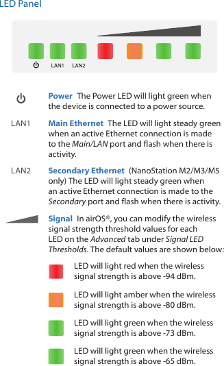 LED PanelPower  The Power LED will light green when the device is connected to a power source. LAN1 Main Ethernet  The LED will light steady green when an active Ethernet connection is made to the Main/LAN port and flash when there is activity. LAN2Secondary Ethernet  (NanoStation M2/M3/M5 only) The LED will light steady green when an active Ethernet connection is made to the Secondary port and flash when there is activity. Signal  In airOS&reg;, you can modify the wireless signal strength threshold values for each LED on the Advanced tab under Signal LED Thresholds. The default values are shown below:LED will light red when the wireless signal strength is above ‑94 dBm.LED will light amber when the wireless signal strength is above ‑80 dBm.LED will light green when the wireless signal strength is above ‑73 dBm.LED will light green when the wireless signal strength is above ‑65 dBm.