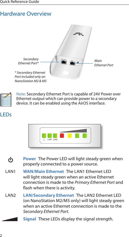 2Quick Reference GuideHardware Overview* Secondary Ethernet Port included only on NanoStation M2 &amp; M5Secondary MainResetSecondary  Ethernet Port* MainEthernet PortNote: Secondary Ethernet Port is capable of 24V Power over Ethernet output which can provide power to a secondary device. It can be enabled using the AirOS interface. LEDsLAN1 LAN2Power  The Power LED will light steady green when properly connected to a power source. LAN1 WAN/Main Ethernet  The LAN1 Ethernet LED will light steady green when an active Ethernet connection is made to the Primary Ethernet Port and flash when there is activity.LAN2 LAN/Secondary Ethernet  The LAN2 Ethernet LED (on NanoStation M2/M5 only) will light steady green when an active Ethernet connection is made to the Secondary Ethernet Port. Signal  These LEDs display the signal strength. 