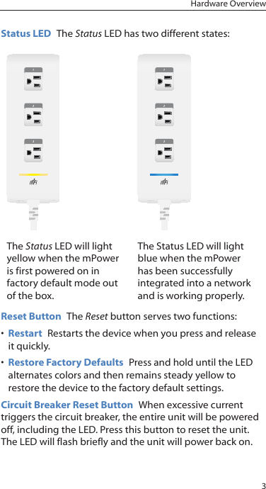 3Hardware OverviewStatus LED  The Status LED has two different states:The Status LED will light yellow when the mPower is first powered on in factory default mode out of the box. The Status LED will light blue when the mPower has been successfully integrated into a network and is working properly. Reset Button  The Reset button serves two functions:&bull; Restart  Restarts the device when you press and release it quickly.&bull; Restore Factory Defaults  Press and hold until the LED alternates colors and then remains steady yellow to restore the device to the factory default settings.Circuit Breaker Reset Button  When excessive current triggers the circuit breaker, the entire unit will be powered off, including the LED. Press this button to reset the unit. The LED will flash briefly and the unit will power back on. 