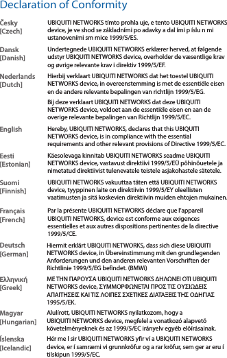 Declaration of ConformityČesky  [Czech]UBIQUITI NETWORKS t&iacute;mto prohla uje, e tento UBIQUITI NETWORKS device, je ve shod se z&aacute;kladn&iacute;mi po adavky a dal &iacute;mi p &iacute;slu n mi ustanoven&iacute;mi sm rnice 1999/5/ES.Dansk [Danish]Undertegnede UBIQUITI NETWORKS erkl&aelig;rer herved, at f&oslash;lgende udstyr UBIQUITI NETWORKS device, overholder de v&aelig;sentlige krav og &oslash;vrige relevante krav i direktiv 1999/5/EF.Nederlands [Dutch]Hierbij verklaart UBIQUITI NETWORKS dat het toestel UBIQUITI NETWORKS device, in overeenstemming is met de essenti&euml;le eisen en de andere relevante bepalingen van richtlijn 1999/5/EG.Bij deze verklaart UBIQUITI NETWORKS dat deze UBIQUITI NETWORKS device, voldoet aan de essenti&euml;le eisen en aan de overige relevante bepalingen van Richtlijn 1999/5/EC.English Hereby, UBIQUITI NETWORKS, declares that this UBIQUITI NETWORKS device, is in compliance with the essential requirements and other relevant provisions of Directive 1999/5/EC.Eesti [Estonian]K&auml;esolevaga kinnitab UBIQUITI NETWORKS seadme UBIQUITI NETWORKS device, vastavust direktiivi 1999/5/E&Uuml; p&otilde;hin&otilde;uetele ja nimetatud direktiivist tulenevatele teistele asjakohastele s&auml;tetele.Suomi [Finnish]UBIQUITI NETWORKS vakuuttaa t&auml;ten ett&auml; UBIQUITI NETWORKS device, tyyppinen laite on direktiivin 1999/5/EY oleellisten vaatimusten ja sit&auml; koskevien direktiivin muiden ehtojen mukainen.Fran&ccedil;ais [French]Par la pr&eacute;sente UBIQUITI NETWORKS d&eacute;clare que l&rsquo;appareil UBIQUITI NETWORKS, device est conforme aux exigences essentielles et aux autres dispositions pertinentes de la directive 1999/5/CE.Deutsch [German]Hiermit erkl&auml;rt UBIQUITI NETWORKS, dass sich diese UBIQUITI NETWORKS device, in &Uuml;bereinstimmung mit den grundlegenden Anforderungen und den anderen relevanten Vorschriften der Richtlinie 1999/5/EG befindet. (BMWi)&Epsilon;&lambda;&lambda;&eta;&nu;&iota;&kappa;ή [Greek]&Mu;&Epsilon; &Tau;&Eta;&Nu; &Pi;&Alpha;&Rho;&Omicron;&Upsilon;&Sigma;&Alpha; UBIQUITI NETWORKS &Delta;&Eta;&Lambda;&Omega;&Nu;&Epsilon;&Iota; &Omicron;&Tau;&Iota; UBIQUITI NETWORKS device, &Sigma;&Upsilon;&Mu;&Mu;&Omicron;&Rho;&Phi;&Omega;&Nu;&Epsilon;&Tau;&Alpha;&Iota; &Pi;&Rho;&Omicron;&Sigma; &Tau;&Iota;&Sigma; &Omicron;&Upsilon;&Sigma;&Iota;&Omega;&Delta;&Epsilon;&Iota;&Sigma; &Alpha;&Pi;&Alpha;&Iota;&Tau;&Eta;&Sigma;&Epsilon;&Iota;&Sigma; &Kappa;&Alpha;&Iota; &Tau;&Iota;&Sigma; &Lambda;&Omicron;&Iota;&Pi;&Epsilon;&Sigma; &Sigma;&Chi;&Epsilon;&Tau;&Iota;&Kappa;&Epsilon;&Sigma; &Delta;&Iota;&Alpha;&Tau;&Alpha;&Xi;&Epsilon;&Iota;&Sigma; &Tau;&Eta;&Sigma; &Omicron;&Delta;&Eta;&Gamma;&Iota;&Alpha;&Sigma; 1995/5/&Epsilon;&Kappa;. Magyar [Hungarian]Alul&iacute;rott, UBIQUITI NETWORKS nyilatkozom, hogy a UBIQUITI NETWORKS device, megfelel a vonatkoz&oacute; alapvet&otilde; k&ouml;vetelm&eacute;nyeknek &eacute;s az 1999/5/EC ir&aacute;nyelv egy&eacute;b el&otilde;&iacute;r&aacute;sainak.&Iacute;slenska [Icelandic]H&eacute;r me l sir UBIQUITI NETWORKS yfir v&iacute; a UBIQUITI NETWORKS device, er &iacute; samr&aelig;mi vi grunnkr&ouml;fur og a rar kr&ouml;fur, sem ger ar eru &iacute; tilskipun 1999/5/EC.