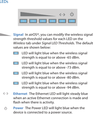 LEDsSignal  In airOS&reg;, you can modify the wireless signal strength threshold values for each LED on the Wireless tab under Signal LED Thresholds. The default values are shown below:LED will light blue when the wireless signal strength is equal to or above -65 dBm.LED will light blue when the wireless signal strength is equal to or above -73 dBm.LED will light blue when the wireless signal strength is equal to or above -80 dBm.LED will light blue when the wireless signal strength is equal to or above -94 dBm.Ethernet  The Ethernet LED will light steady blue when an active Ethernet connection is made and flash when there is activity.Power  The Power LED will light blue when the device is connected to a power source.