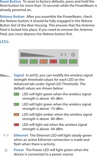 Reset Button  To reset to factory defaults, press and hold the Reset button for more than 10 seconds while the PowerBeam is already poweredon.Release Button  After you assemble the PowerBeam, check the Release button; it should be fully engaged in the Release Button Slot of the Rear Housing. This ensures that the Antenna Feed is locked into place. If you need to remove the Antenna Feed, you must depress the Release button first.LEDsSignal  In airOS, you can modify the wireless signal strength threshold values for each LED on the Advanced tab under Signal LED Thresholds. The default values are shown below:LED will light green when the wireless signal strength is above -65 dBm.LED will light green when the wireless signal strength is above -73 dBm.LED will light amber when the wireless signal strength is above -80 dBm.LED will light red when the wireless signal strength is above -94 dBm.Ethernet  The Ethernet LED will light steady green when an active Ethernet connection is made and flash when there is activity.Power  The Power LED will light green when the device is connected to a power source.
