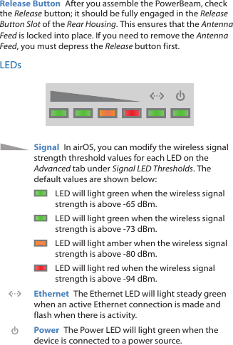 Release Button  After you assemble the PowerBeam, check the Release button; it should be fully engaged in the Release Button Slot of the Rear Housing. This ensures that the Antenna Feed is locked into place. If you need to remove the Antenna Feed, you must depress the Release button first.LEDsSignal  In airOS, you can modify the wireless signal strength threshold values for each LED on the Advanced tab under Signal LED Thresholds. The default values are shown below:LED will light green when the wireless signal strength is above -65 dBm.LED will light green when the wireless signal strength is above -73 dBm.LED will light amber when the wireless signal strength is above -80 dBm.LED will light red when the wireless signal strength is above -94 dBm.Ethernet  The Ethernet LED will light steady green when an active Ethernet connection is made and flash when there is activity.Power  The Power LED will light green when the device is connected to a power source.