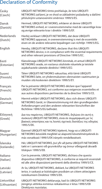 Declaration of ConformityČesky  [Czech]UBIQUITI NETWORKS t&iacute;mto prohla&scaron;uje, že toto UBIQUITI NETWORKS zař&iacute;zen&iacute;, je ve shod se z&aacute;kladn&iacute;mi požadavky a dal&scaron;&iacute;mi př&iacute;slu&scaron;n&yacute;mi ustanoven&iacute;mi směrnice 1999/5/ES.Dansk [Danish]Hermed, UBIQUITI NETWORKS, erkl&aelig;rer at denne UBIQUITI NETWORKS enhed, er i overensstemmelse med de v&aelig;sentlige krav og &oslash;vrige relevante krav i direktiv 1999/5/EF.Nederlands [Dutch]Hierbij verklaart UBIQUITI NETWORKS, dat deze UBIQUITI NETWORKS apparaat, in overeenstemming is met de essenti&euml;le eisen en de andere relevante bepalingen van richtlijn 1999/5/EG.EnglishHereby, UBIQUITI NETWORKS, declares that this UBIQUITI NETWORKS device, is in compliance with the essential requirements and other relevant provisions of Directive 1999/5/EC.Eesti [Estonian]K&auml;esolevaga UBIQUITI NETWORKS kinnitab, et antud UBIQUITI NETWORKS seade, on vastavus olulistele n&otilde;uetele ja teistele asjakohastele s&auml;tetele direktiivi 1999/5/E&Uuml;.Suomi [Finnish]T&auml;ten UBIQUITI NETWORKS vakuuttaa, ett&auml; t&auml;m&auml; UBIQUITI NETWORKS laite, on yhdenmukainen olennaisten vaatimusten ja muiden sit&auml; koskevien direktiivin 1999/5/EY.Fran&ccedil;ais [French]Par la pr&eacute;sente UBIQUITI NETWORKS d&eacute;clare que l&rsquo;appareil UBIQUITI NETWORKS, est conforme aux exigences essentielles et aux autres dispositions pertinentes de la directive 1999/5/CE.Deutsch [German]Hiermit erkl&auml;rt UBIQUITI NETWORKS, dass sich dieses UBIQUITI NETWORKS Ger&auml;t, in &Uuml;bereinstimmung mit den grundlegenden Anforderungen und den anderen relevanten Vorschriften der Richtlinie 1999/5/EG befindet.&Epsilon;&lambda;&lambda;&eta;&nu;&iota;&kappa;ή [Greek]&Delta;&iota;&alpha; &tau;&omicron;&upsilon; &pi;&alpha;&rho;ό&nu;&tau;&omicron;&sigmaf;, UBIQUITI NETWORKS, &delta;&eta;&lambda;ώ&nu;&epsilon;&iota; ό&tau;&iota; &alpha;&upsilon;&tau;ή &eta; &sigma;&upsilon;&sigma;&kappa;&epsilon;&upsilon;ή UBIQUITI NETWORKS, &epsilon;ί&nu;&alpha;&iota; &sigma;&epsilon; &sigma;&upsilon;&mu;&mu;ό&rho;&phi;&omega;&sigma;&eta; &mu;&epsilon; &tau;&iota;&sigmaf; &beta;&alpha;&sigma;&iota;&kappa;έ&sigmaf; &alpha;&pi;&alpha;&iota;&tau;ή&sigma;&epsilon;&iota;&sigmaf; &kappa;&alpha;&iota; &tau;&iota;&sigmaf; &lambda;&omicron;&iota;&pi;έ&sigmaf; &sigma;&chi;&epsilon;&tau;&iota;&kappa;έ&sigmaf; &delta;&iota;&alpha;&tau;ά&xi;&epsilon;&iota;&sigmaf; &tau;&eta;&sigmaf; &omicron;&delta;&eta;&gamma;ί&alpha;&sigmaf; 1995/5/&Epsilon;&Kappa;.Magyar [Hungarian]Ezennel UBIQUITI NETWORKS kijelenti, hogy ez a UBIQUITI NETWORKS k&eacute;sz&uuml;l&eacute;k megfelel az alapvető k&ouml;vetelm&eacute;nyeknek &eacute;s m&aacute;s vonatkoz&oacute; 1999/5/EK ir&aacute;nyelv rendelkez&eacute;seit.&Iacute;slenska [Icelandic]H&eacute;r, UBIQUITI NETWORKS, &thorn;v&iacute; yfir a&eth; &thorn;etta UBIQUITI NETWORKS t&aelig;ki er &iacute; samr&aelig;mi vi&eth; grunnkr&ouml;fur og &ouml;nnur vi&eth;eigandi &aacute;kv&aelig;&eth;i tilskipun 1999/5/EB.Italiano [Italian]Con la presente, UBIQUITI NETWORKS, dichiara che questo dispositivo UBIQUITI NETWORKS, &egrave; conforme ai requisiti essenziali ed alle altre disposizioni pertinenti della direttiva 1999/5/CE.Latviski [Latvian]Ar &scaron;o, UBIQUITI NETWORKS, deklarē, ka UBIQUITI NETWORKS ierīce, ir saskaņā ar būtiskajām prasībām un citiem attiecīgiem noteikumiem Direktīvā 1999/5/EK.Lietuvi&scaron;kai [Lithuanian]UBIQUITI NETWORKS deklaruoja, kad &scaron;is UBIQUITI NETWORKS įrenginys atitinka esminius reikalavimus ir kitas 1999/5/EB Direktyvos nuostatas.