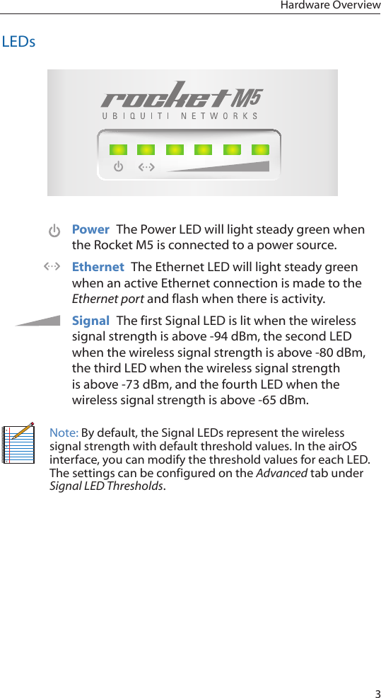 3Hardware OverviewLEDsPower  The Power LED will light steady green when the Rocket M5 is connected to a power source. Ethernet  The Ethernet LED will light steady green when an active Ethernet connection is made to the Ethernet port and flash when there is activity. Signal  The first Signal LED is lit when the wireless signal strength is above -94 dBm, the second LED when the wireless signal strength is above -80 dBm, the third LED when the wireless signal strength is above -73 dBm, and the fourth LED when the wireless signal strength is above -65 dBm. Note: By default, the Signal LEDs represent the wireless signal strength with default threshold values. In the airOS interface, you can modify the threshold values for each LED. The settings can be configured on the Advanced tab under Signal LED Thresholds.