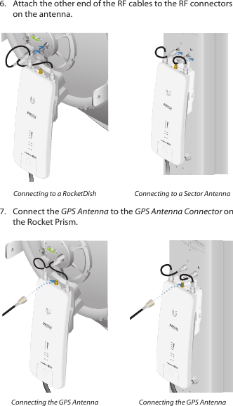 6.  Attach the other end of the RF cables to the RF connectors on the antenna.HVCHAIN 1 GPS CHAIN 0CHAIN 1 GPS CHAIN 0Connecting to a RocketDish Connecting to a Sector Antenna7.  Connect the GPS Antenna to the GPS Antenna Connector on the Rocket Prism.CHAIN 1 GPS CHAIN 0HVCHAIN 1 GPS CHAIN 0Connecting the GPS Antenna Connecting the GPS Antenna