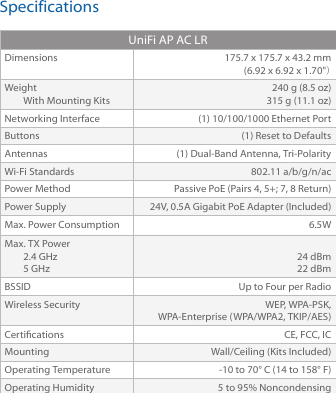 SpecificationsUniFi AP AC LRDimensions 175.7 x 175.7 x 43.2 mm  (6.92 x 6.92 x 1.70&quot;)WeightWith Mounting Kits240 g (8.5 oz)315 g (11.1 oz)Networking Interface (1) 10/100/1000 Ethernet PortButtons (1) Reset to DefaultsAntennas (1) Dual-Band Antenna, Tri-PolarityWi-Fi Standards 802.11 a/b/g/n/acPower Method Passive PoE (Pairs 4, 5+; 7, 8 Return)Power Supply 24V, 0.5A Gigabit PoE Adapter (Included)Max. Power Consumption 6.5WMax. TX Power2.4 GHz5 GHz24 dBm22 dBmBSSID Up to Four per RadioWireless Security WEP, WPA-PSK,  WPA-Enterprise (WPA/WPA2, TKIP/AES)Certications CE, FCC, ICMounting Wall/Ceiling (Kits Included)Operating Temperature -10 to 70° C (14 to 158° F)Operating Humidity 5 to 95% Noncondensing