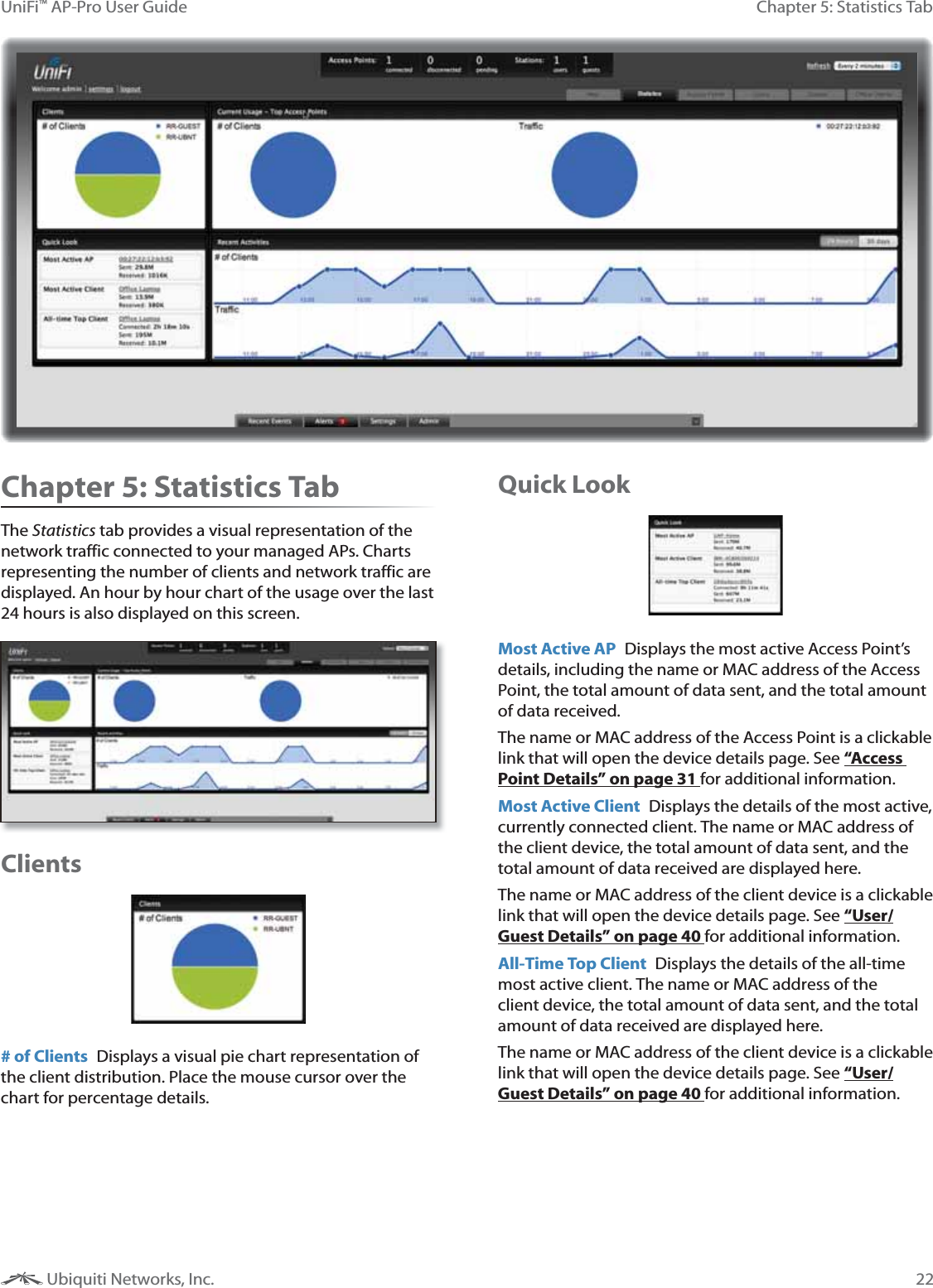 22Chapter 5: Statistics TabUniFi&trade; AP-Pro User Guide Ubiquiti Networks, Inc.Chapter 5: Statistics TabThe Statistics tab provides a visual representation of the network traffic connected to your managed APs. Charts representing the number of clients and network traffic are displayed. An hour by hour chart of the usage over the last 24 hours is also displayed on this screen.Clients# of Clients  Displays a visual pie chart representation of the client distribution. Place the mouse cursor over the chart for percentage details.Quick LookMost Active AP  Displays the most active Access Point&rsquo;s details, including the name or MAC address of the Access Point, the total amount of data sent, and the total amount of data received. The name or MAC address of the Access Point is a clickable link that will open the device details page. See &ldquo;Access Point Details&rdquo; on page 31 for additional information.Most Active Client  Displays the details of the most active, currently connected client. The name or MAC address of the client device, the total amount of data sent, and the total amount of data received are displayed here. The name or MAC address of the client device is a clickable link that will open the device details page. See &ldquo;User/Guest Details&rdquo; on page 40 for additional information.All-Time Top Client  Displays the details of the all-time most active client. The name or MAC address of the client device, the total amount of data sent, and the total amount of data received are displayed here. The name or MAC address of the client device is a clickable link that will open the device details page. See &ldquo;User/Guest Details&rdquo; on page 40 for additional information.