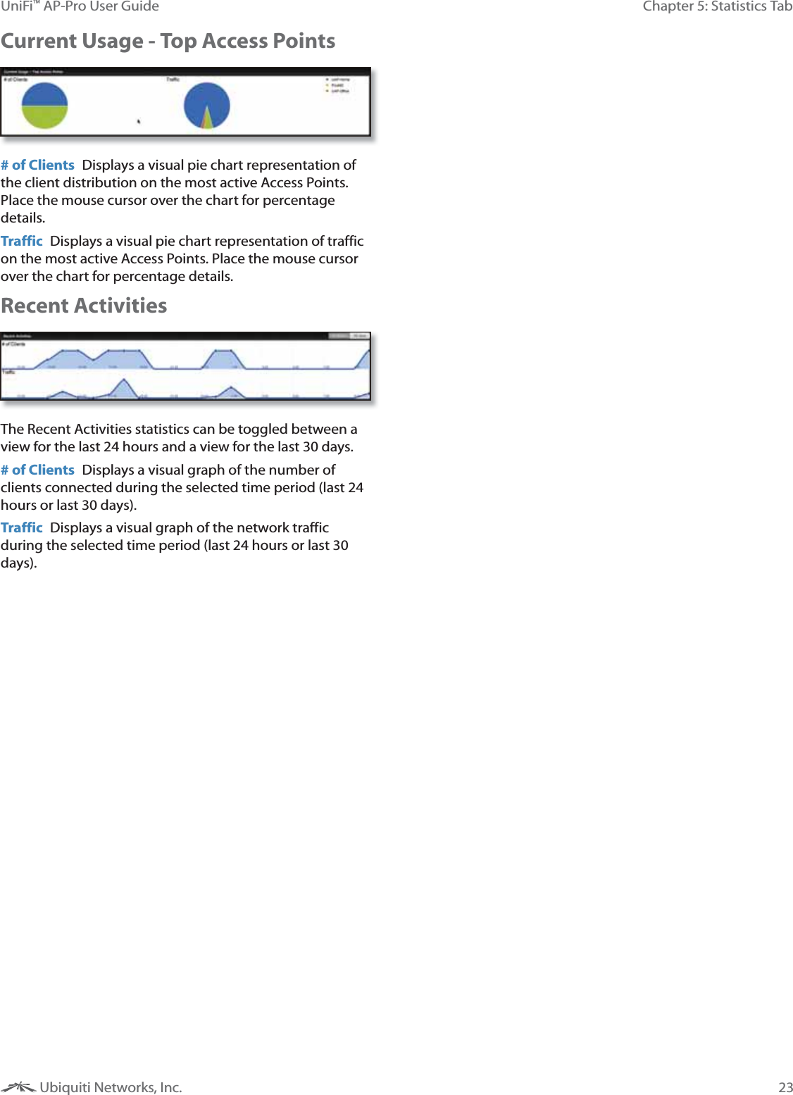 23Chapter 5: Statistics TabUniFi&trade; AP-Pro User Guide Ubiquiti Networks, Inc.Current Usage - Top Access Points# of Clients  Displays a visual pie chart representation of the client distribution on the most active Access Points. Place the mouse cursor over the chart for percentage details.Traffic  Displays a visual pie chart representation of traffic on the most active Access Points. Place the mouse cursor over the chart for percentage details.Recent ActivitiesThe Recent Activities statistics can be toggled between a view for the last 24 hours and a view for the last 30 days.# of Clients  Displays a visual graph of the number of clients connected during the selected time period (last 24 hours or last 30 days). Traffic  Displays a visual graph of the network traffic during the selected time period (last 24 hours or last 30 days).