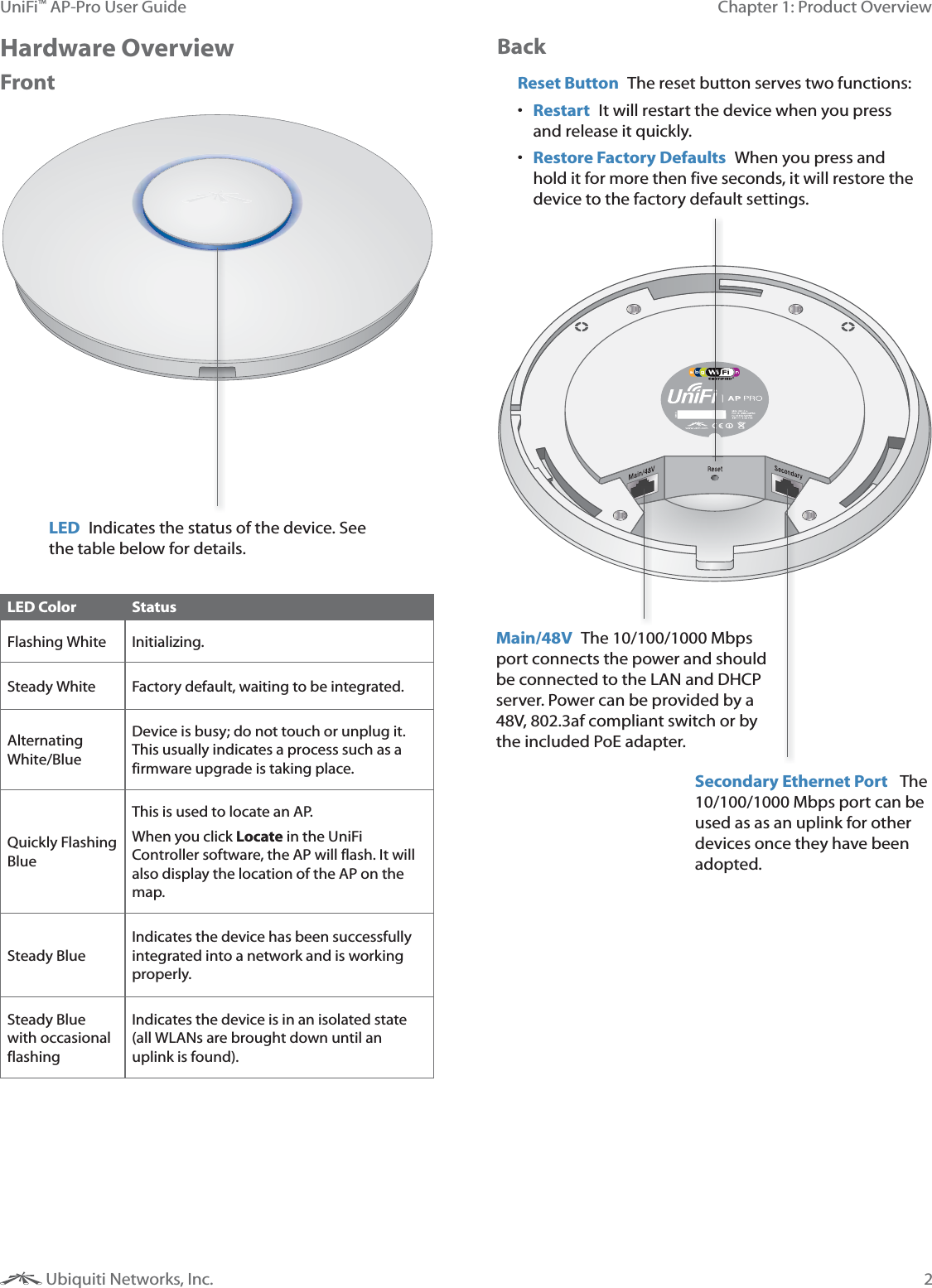 2Chapter 1: Product OverviewUniFi&trade; AP-Pro User Guide Ubiquiti Networks, Inc.Hardware OverviewFrontLED  Indicates the status of the device. See the table below for details.LED Color StatusFlashing White Initializing.Steady White Factory default, waiting to be integrated.Alternating White/BlueDevice is busy; do not touch or unplug it. This usually indicates a process such as a firmware upgrade is taking place.Quickly Flashing BlueThis is used to locate an AP. When you click Locate in the UniFi Controller software, the AP will flash. It will also display the location of the AP on the map.Steady BlueIndicates the device has been successfully integrated into a network and is working properly.Steady Blue with occasional flashingIndicates the device is in an isolated state (all WLANs are brought down until an uplink is found).BackMain/48V  The 10/100/1000 Mbps port connects the power and should be connected to the LAN and DHCP server. Power can be provided by a 48V, 802.3af compliant switch or by the included PoE adapter.Reset Button  The reset button serves two functions:  Restart  It will restart the device when you press and release it quickly.  Restore Factory Defaults  When you press and hold it for more then five seconds, it will restore the device to the factory default settings.Secondary Ethernet Port   The 10/100/1000 Mbps port can be used as as an uplink for other devices once they have been adopted.