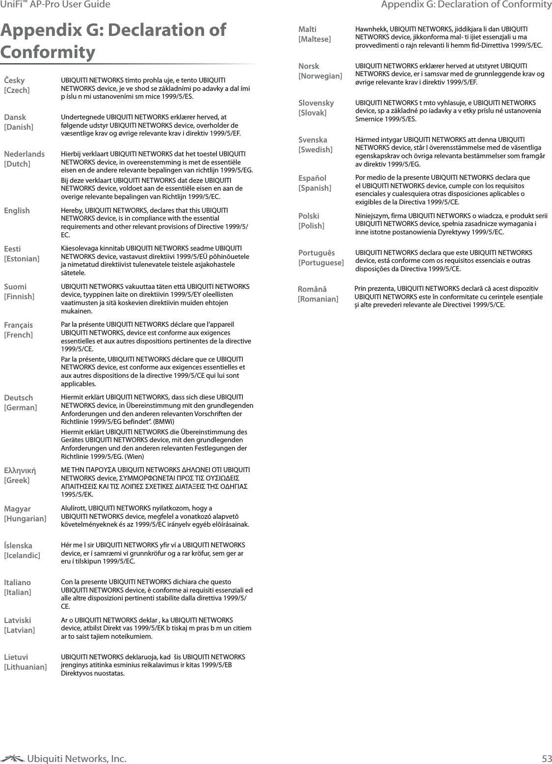 53Appendix G: Declaration of ConformityUniFi&trade; AP-Pro User Guide Ubiquiti Networks, Inc.Appendix G: Declaration of ConformityČesky  [Czech]UBIQUITI NETWORKS t&iacute;mto prohla uje, e tento UBIQUITI NETWORKS device, je ve shod se z&aacute;kladn&iacute;mi po adavky a dal &iacute;mi p &iacute;slu n mi ustanoven&iacute;mi sm rnice 1999/5/ES.Dansk [Danish]Undertegnede UBIQUITI NETWORKS erkl&aelig;rer herved, at f&oslash;lgende udstyr UBIQUITI NETWORKS device, overholder de v&aelig;sentlige krav og &oslash;vrige relevante krav i direktiv 1999/5/EF.Nederlands [Dutch]Hierbij verklaart UBIQUITI NETWORKS dat het toestel UBIQUITI NETWORKS device, in overeenstemming is met de essenti&euml;le eisen en de andere relevante bepalingen van richtlijn 1999/5/EG.Bij deze verklaart UBIQUITI NETWORKS dat deze UBIQUITI NETWORKS device, voldoet aan de essenti&euml;le eisen en aan de overige relevante bepalingen van Richtlijn 1999/5/EC.EnglishHereby, UBIQUITI NETWORKS, declares that this UBIQUITI NETWORKS device, is in compliance with the essential requirements and other relevant provisions of Directive 1999/5/EC.Eesti [Estonian]K&auml;esolevaga kinnitab UBIQUITI NETWORKS seadme UBIQUITI NETWORKS device, vastavust direktiivi 1999/5/E&Uuml; p&otilde;hin&otilde;uetele ja nimetatud direktiivist tulenevatele teistele asjakohastele s&auml;tetele.Suomi [Finnish]UBIQUITI NETWORKS vakuuttaa t&auml;ten ett&auml; UBIQUITI NETWORKS device, tyyppinen laite on direktiivin 1999/5/EY oleellisten vaatimusten ja sit&auml; koskevien direktiivin muiden ehtojen mukainen.Fran&ccedil;ais [French]Par la pr&eacute;sente UBIQUITI NETWORKS d&eacute;clare que l&rsquo;appareil UBIQUITI NETWORKS, device est conforme aux exigences essentielles et aux autres dispositions pertinentes de la directive 1999/5/CE.Par la pr&eacute;sente, UBIQUITI NETWORKS d&eacute;clare que ce UBIQUITI NETWORKS device, est conforme aux exigences essentielles et aux autres dispositions de la directive 1999/5/CE qui lui sont applicables.Deutsch [German]Hiermit erkl&auml;rt UBIQUITI NETWORKS, dass sich diese UBIQUITI NETWORKS device, in &Uuml;bereinstimmung mit den grundlegenden Anforderungen und den anderen relevanten Vorschriften der Richtlinie 1999/5/EG befindet&rdquo;. (BMWi)Hiermit erkl&auml;rt UBIQUITI NETWORKS die &Uuml;bereinstimmung des Ger&auml;tes UBIQUITI NETWORKS device, mit den grundlegenden Anforderungen und den anderen relevanten Festlegungen der Richtlinie 1999/5/EG. (Wien)&Epsilon;&lambda;&lambda;&eta;&nu;&iota;&kappa;ή [Greek]&Mu;&Epsilon; &Tau;&Eta;&Nu; &Pi;&Alpha;&Rho;&Omicron;&Upsilon;&Sigma;&Alpha; UBIQUITI NETWORKS &Delta;&Eta;&Lambda;&Omega;&Nu;&Epsilon;&Iota; &Omicron;&Tau;&Iota; UBIQUITI NETWORKS device, &Sigma;&Upsilon;&Mu;&Mu;&Omicron;&Rho;&Phi;&Omega;&Nu;&Epsilon;&Tau;&Alpha;&Iota; &Pi;&Rho;&Omicron;&Sigma; &Tau;&Iota;&Sigma; &Omicron;&Upsilon;&Sigma;&Iota;&Omega;&Delta;&Epsilon;&Iota;&Sigma; &Alpha;&Pi;&Alpha;&Iota;&Tau;&Eta;&Sigma;&Epsilon;&Iota;&Sigma; &Kappa;&Alpha;&Iota; &Tau;&Iota;&Sigma; &Lambda;&Omicron;&Iota;&Pi;&Epsilon;&Sigma; &Sigma;&Chi;&Epsilon;&Tau;&Iota;&Kappa;&Epsilon;&Sigma; &Delta;&Iota;&Alpha;&Tau;&Alpha;&Xi;&Epsilon;&Iota;&Sigma; &Tau;&Eta;&Sigma; &Omicron;&Delta;&Eta;&Gamma;&Iota;&Alpha;&Sigma; 1995/5/&Epsilon;&Kappa;. Magyar [Hungarian]Alul&iacute;rott, UBIQUITI NETWORKS nyilatkozom, hogy a UBIQUITI NETWORKS device, megfelel a vonatkoz&oacute; alapvet&otilde; k&ouml;vetelm&eacute;nyeknek &eacute;s az 1999/5/EC ir&aacute;nyelv egy&eacute;b el&otilde;&iacute;r&aacute;sainak.&Iacute;slenska [Icelandic]H&eacute;r me l sir UBIQUITI NETWORKS yfir v&iacute; a UBIQUITI NETWORKS device, er &iacute; samr&aelig;mi vi grunnkr&ouml;fur og a rar kr&ouml;fur, sem ger ar eru &iacute; tilskipun 1999/5/EC.Italiano [Italian]Con la presente UBIQUITI NETWORKS dichiara che questo UBIQUITI NETWORKS device, &egrave; conforme ai requisiti essenziali ed alle altre disposizioni pertinenti stabilite dalla direttiva 1999/5/CE.Latviski [Latvian]Ar o UBIQUITI NETWORKS deklar , ka UBIQUITI NETWORKS device, atbilst Direkt vas 1999/5/EK b tiskaj m pras b m un citiem ar to saist tajiem noteikumiem.Lietuvi [Lithuanian]UBIQUITI NETWORKS deklaruoja, kad  &scaron;is UBIQUITI NETWORKS įrenginys atitinka esminius reikalavimus ir kitas 1999/5/EB Direktyvos nuostatas.Malti [Maltese]Hawnhekk, UBIQUITI NETWORKS, jiddikjara li dan UBIQUITI NETWORKS device, jikkonforma mal- ti ijiet essenzjali u ma provvedimenti o rajn relevanti li hemm fid-Dirrettiva 1999/5/EC.Norsk [Norwegian]UBIQUITI NETWORKS erkl&aelig;rer herved at utstyret UBIQUITI NETWORKS device, er i samsvar med de grunnleggende krav og &oslash;vrige relevante krav i direktiv 1999/5/EF.Slovensky [Slovak]UBIQUITI NETWORKS t mto vyhlasuje, e UBIQUITI NETWORKS device, sp a z&aacute;kladn&eacute; po iadavky a v etky pr&iacute;slu n&eacute; ustanovenia Smernice 1999/5/ES.Svenska [Swedish]H&auml;rmed intygar UBIQUITI NETWORKS att denna UBIQUITI NETWORKS device, st&aring;r I &ouml;verensst&auml;mmelse med de v&auml;sentliga egenskapskrav och &ouml;vriga relevanta best&auml;mmelser som framg&aring;r av direktiv 1999/5/EG.Espa&ntilde;ol [Spanish]Por medio de la presente UBIQUITI NETWORKS declara que el UBIQUITI NETWORKS device, cumple con los requisitos esenciales y cualesquiera otras disposiciones aplicables o exigibles de la Directiva 1999/5/CE.Polski  [Polish]Niniejszym, firma UBIQUITI NETWORKS o wiadcza, e produkt serii UBIQUITI NETWORKS device, spełnia zasadnicze wymagania i inne istotne postanowienia Dyrektywy 1999/5/EC.Portugu&ecirc;s [Portuguese]UBIQUITI NETWORKS declara que este UBIQUITI NETWORKS device, est&aacute; conforme com os requisitos essenciais e outras disposi&ccedil;&otilde;es da Directiva 1999/5/CE.Rom&acirc;nă [Romanian]Prin prezenta, UBIQUITI NETWORKS declară că acest dispozitiv UBIQUITI NETWORKS este &icirc;n conformitate cu cerințele esențiale și alte prevederi relevante ale Directivei 1999/5/CE.