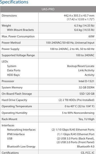 SpecificationsUAS-PRODimensions 442.4 x 305.5 x 43.7 mm (17.42 x 12.03 x 1.72&quot;)WeightWith Mount Brackets6.5 kg (14.33 lb) 6.6 kg (14.55 lb)Max. Power Consumption 60W Power Method 100-240VAC/50-60 Hz, Universal InputPower Supply 100 to 240VAC, 2 to 4A, 50 to 60 HzSupported Voltage Range 100 to 240VACLEDsSystemData PortsHDD BaysBootup/Reset/LocateLink/ActivityActivityProcessor Intel D-1521System Memory 32 GB DDR4On-Board Flash Storage SSD 120 GBHard Drive Capacity (2) 2 TB HDDs (Pre-Installed)Operating Temperature 0 to 40° C (32 to 104° F)Operating Humidity 5 to 90% NoncondensingRack-Mount Yes, 1U HighInterfacesNetworking InterfacesIPMI InterfaceUSB Bluetooth Low Energy(2) 1/10Gbps RJ45 Ethernet Ports(1) 1 Gbps RJ45 Ethernet Port(2) USB 3.0 Ports (Back Panel), (2) USB 2.0 Ports (Front Panel)Bluetooth 4.0Certications CE, FCC, IC