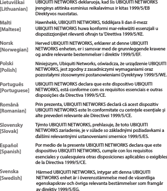 Lietuviškai [Lithuanian]UBIQUITI NETWORKS deklaruoja, kad šis UBIQUITI NETWORKS įrenginys atitinka esminius reikalavimus ir kitas 1999/5/EB Direktyvos nuostatas.Malti [Maltese]Hawnhekk, UBIQUITI NETWORKS, tiddikjara li dan il-mezz UBIQUITI NETWORKS huwa konformi mar-rekwiżiti essenzjali u dispożizzjonijiet rilevanti oħrajn ta ‘Direttiva 1999/5/KE.Norsk [Norwegian]Herved UBIQUITI NETWORKS, erklærer at denne UBIQUITI NETWORKS enheten, er i samsvar med de grunnleggende kravene og andre relevante bestemmelser i direktiv 1999/5/EF.Polski  [Polish]Niniejszym, Ubiquiti Networks, oświadcza, że   urządzenie UBIQUITI NETWORKS, jest zgodny z zasadniczymi wymaganiami oraz pozostałymi stosownymi postanowieniami Dyrektywy 1999/5/WE.Português [Portuguese]UBIQUITI NETWORKS declara que este dispositivo UBIQUITI NETWORKS, está conforme com os requisitos essenciais e outras disposições da Directiva 1999/5/CE.Română [Romanian]Prin prezenta, UBIQUITI NETWORKS declară că acest dispozitiv UBIQUITI NETWORKS este în conformitate cu cerințele esențiale și alte prevederi relevante ale Directivei 1999/5/CE.Slovensky [Slovak]Týmto UBIQUITI NETWORKS, prehlasuje, že toto UBIQUITI NETWORKS zariadenie, je v súlade so základnými požiadavkami a ďalšími relevantnými ustanoveniami smernice 1999/5/ES.Español [Spanish]Por medio de la presente UBIQUITI NETWORKS declara que este dispositivo UBIQUITI NETWORKS, cumple con los requisitos esenciales y cualesquiera otras disposiciones aplicables o exigibles de la Directiva 1999/5/CE.Svenska [Swedish]Härmed UBIQUITI NETWORKS, intygar att denna UBIQUITI NETWORKS enhet är i överensstämmelse med de väsentliga egenskapskrav och övriga relevanta bestämmelser som framgår av direktiv 1999/5/EG.