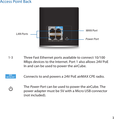 3Access Point BackLAN PortsWAN PortPower Port1-3 Three Fast Ethernet ports available to connect 10/100 Mbps devices to the Internet. Port1 also allows 24V PoE In and can be used to power the airCube.WAN24V PoE OUTConnects to and powers a 24V PoE airMAX CPE radio.The Power Port can be used to power the airCube. The power adapter must be 5V with a MicroUSB connector (not included).