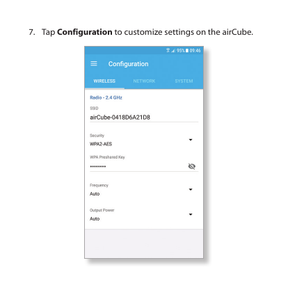 7.  Tap Configuration to customize settings on the airCube.