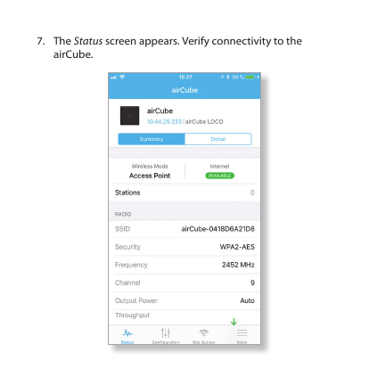 7.  The Status screen appears. Verify connectivity to the airCube.